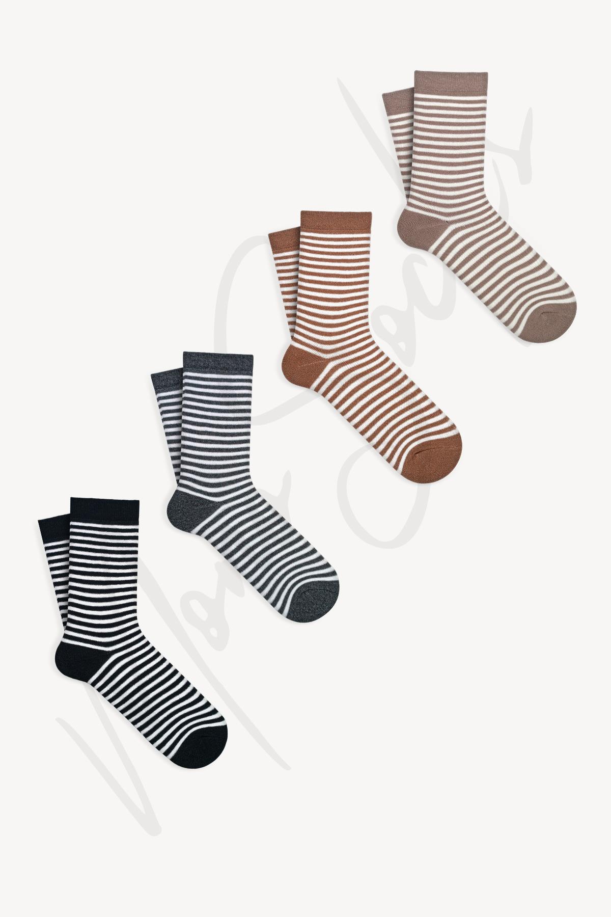 4'lü Pamuklu Çizgili Kalın Kışlık Havlu Çorap - Desenli Pamuklu Çoraplar - Mono Socks - Özel Tasarım Çoraplar
