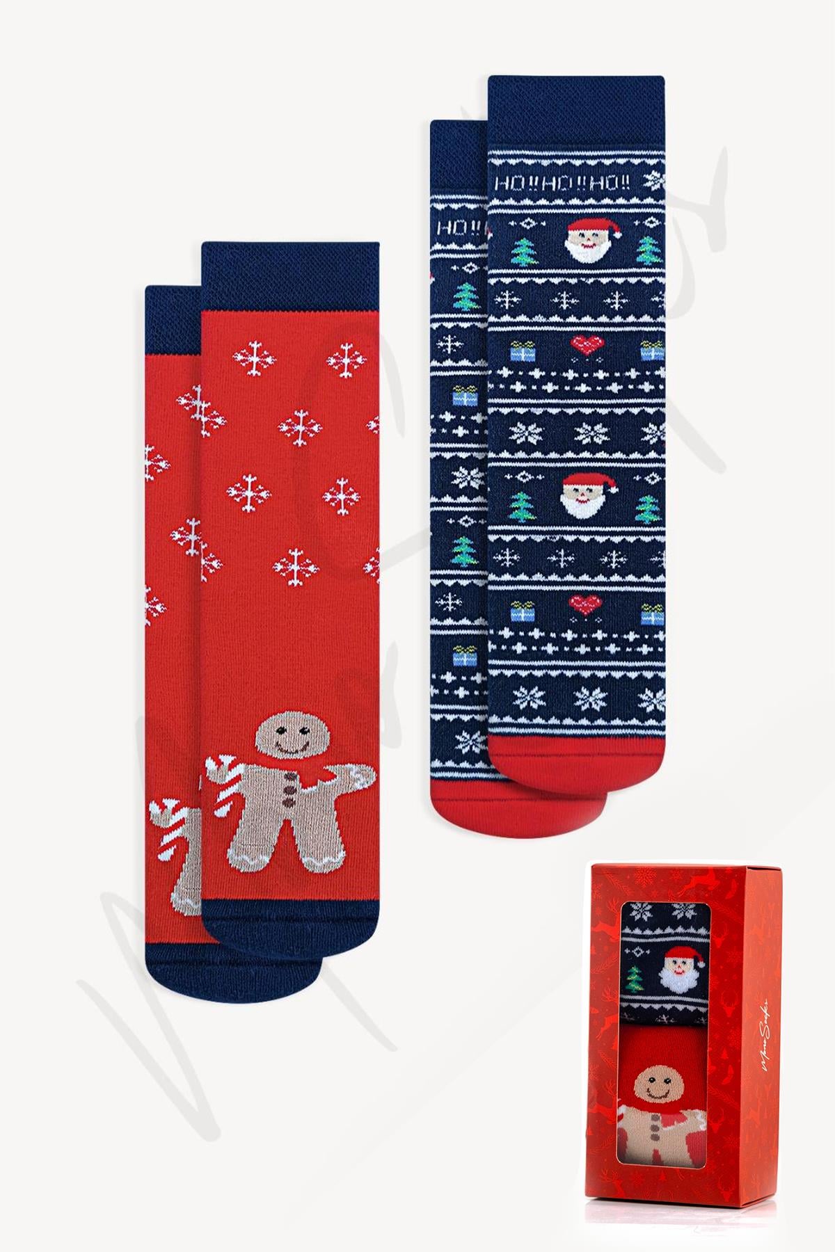 Kalın Kışlık 2'li Kurabiye Hohoho Desenli Çorap - Desenli Pamuklu Çoraplar - Mono Socks - Özel Tasarım Çoraplar