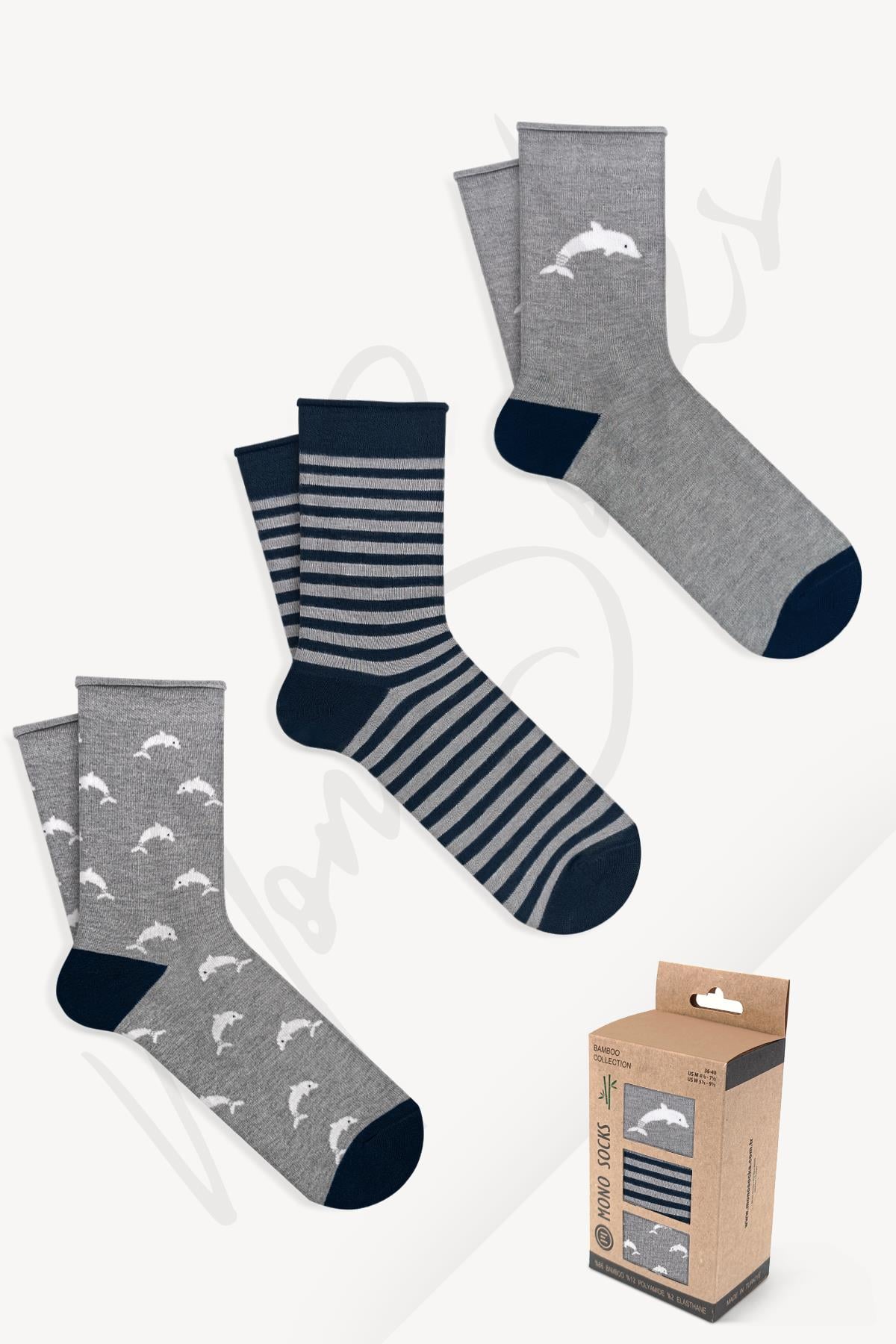 Mono Socks - 3'lü Dolphin Desenli Lastiksiz Bambu Çorap - Desenli Pamuklu Çoraplar - Mono Socks - Özel Tasarım Çoraplar
