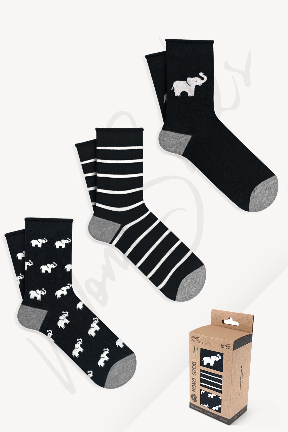 Mono Socks - 3'lü Fil Desenli Lastiksiz Bambu Çorap - Desenli Pamuklu Çoraplar - Mono Socks - Özel Tasarım Çoraplar