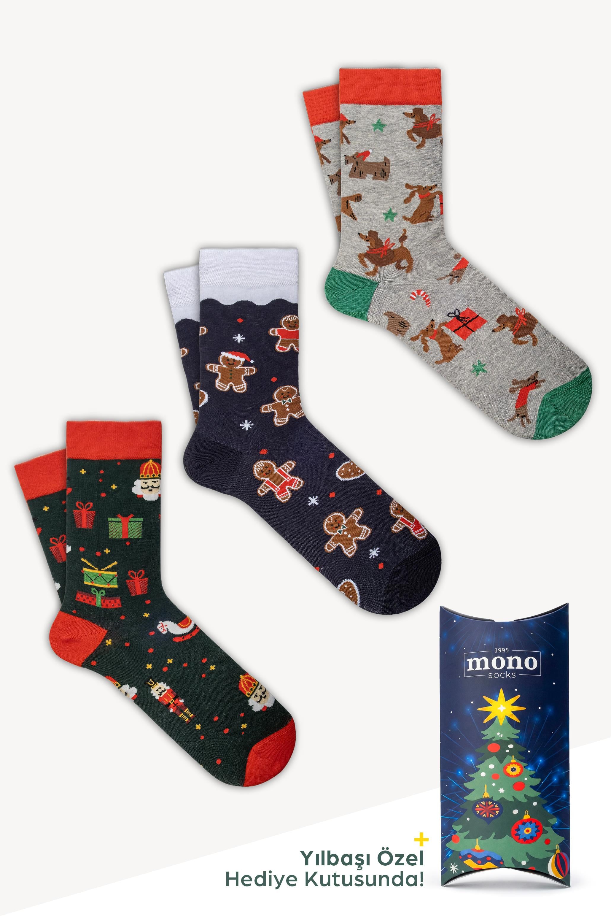Mono Socks - 3'Lü Gingerbread Party (Kurşun Asker, GingerBread , Köpek)   - Desenli Pamuklu Çoraplar - Mono Socks - Özel Tasarım Çoraplar