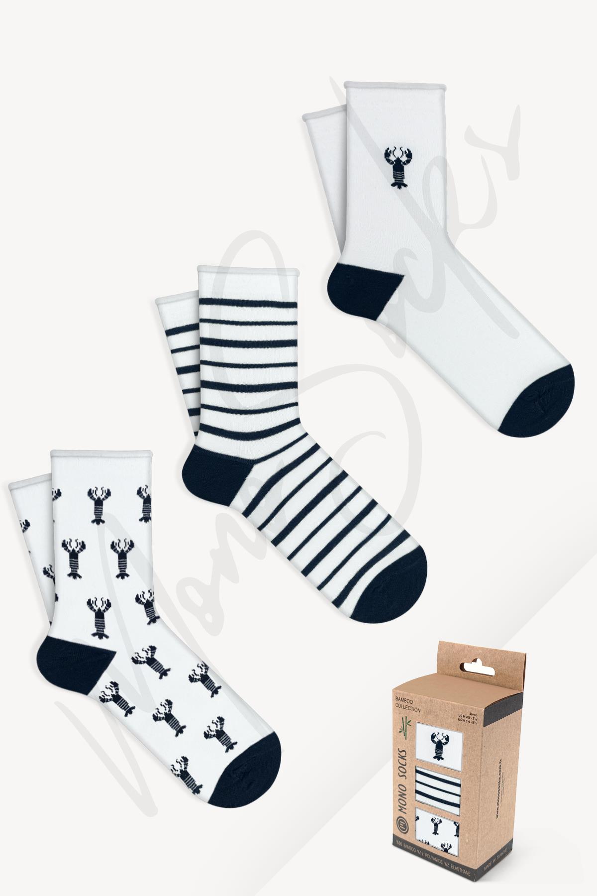 Mono Socks - 3'lü İstakoz Desenli Lastiksiz Bambu Çorap - Desenli Pamuklu Çoraplar - Mono Socks - Özel Tasarım Çoraplar