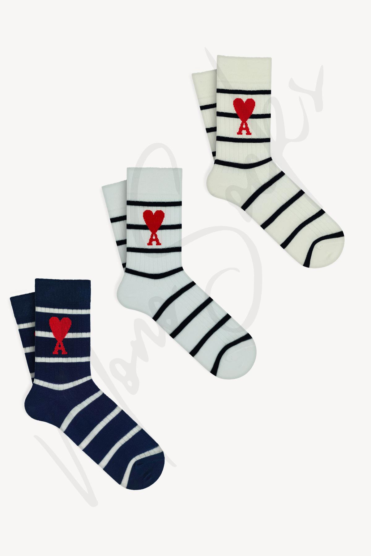 Mono Socks 3'lü Kalp Desenli Sevgililer Gününe Özel Çorap - Desenli Pamuklu Çoraplar - Mono Socks - Özel Tasarım Çoraplar