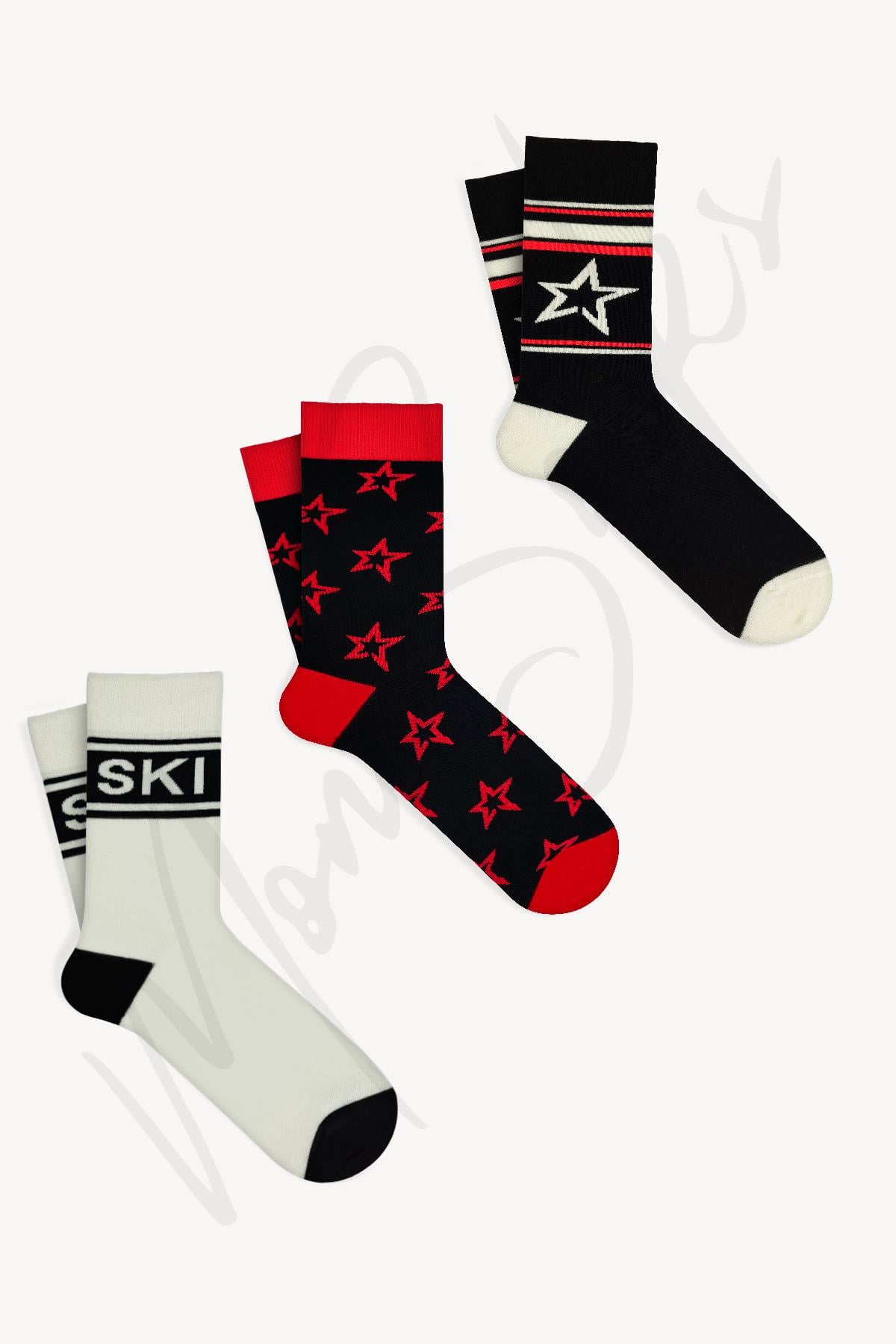 Mono Socks 3'lü Yıldız Desenli Kayak Ski Çorap - Desenli Pamuklu Çoraplar - Mono Socks - Özel Tasarım Çoraplar