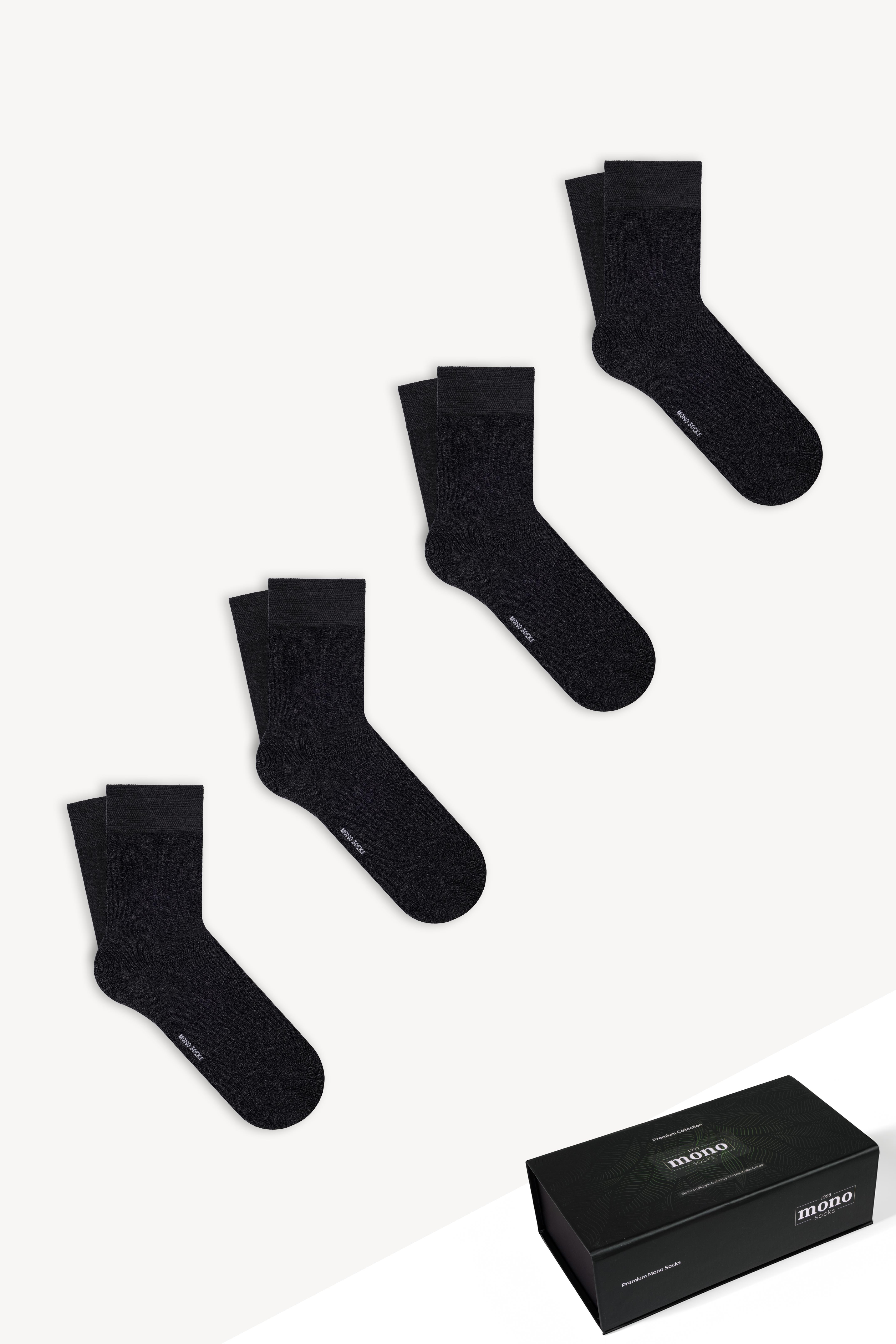 Mono Socks - 4lü Premium Kutulu Dikişsiz Düz Bamboo Antrasit Soket Çorap - Desenli Pamuklu Çoraplar - Mono Socks - Özel Tasarım Çoraplar