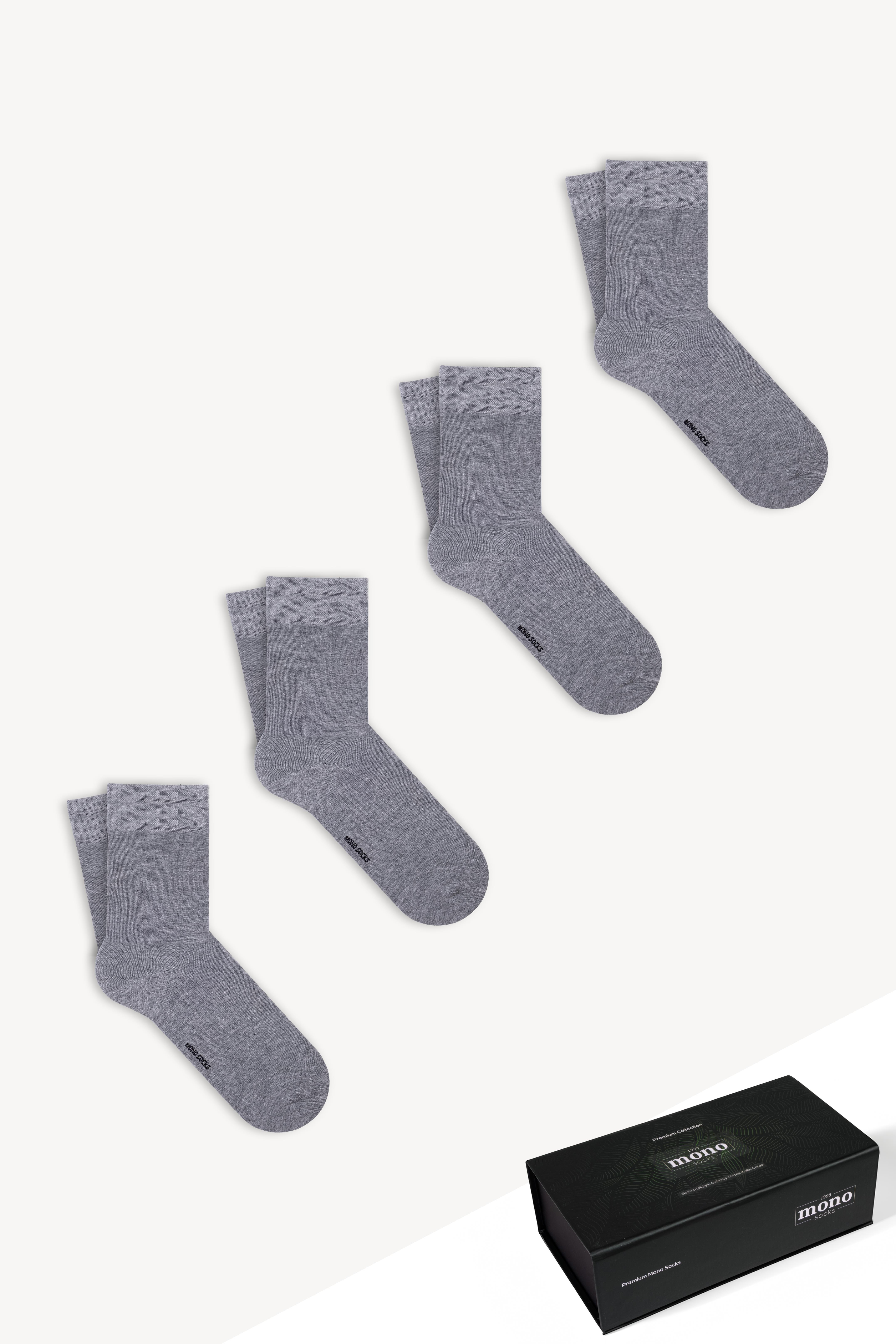 Mono Socks - 4lü Premium Kutulu Dikişsiz Düz Bamboo Gri Soket Çorap - Desenli Pamuklu Çoraplar - Mono Socks - Özel Tasarım Çoraplar