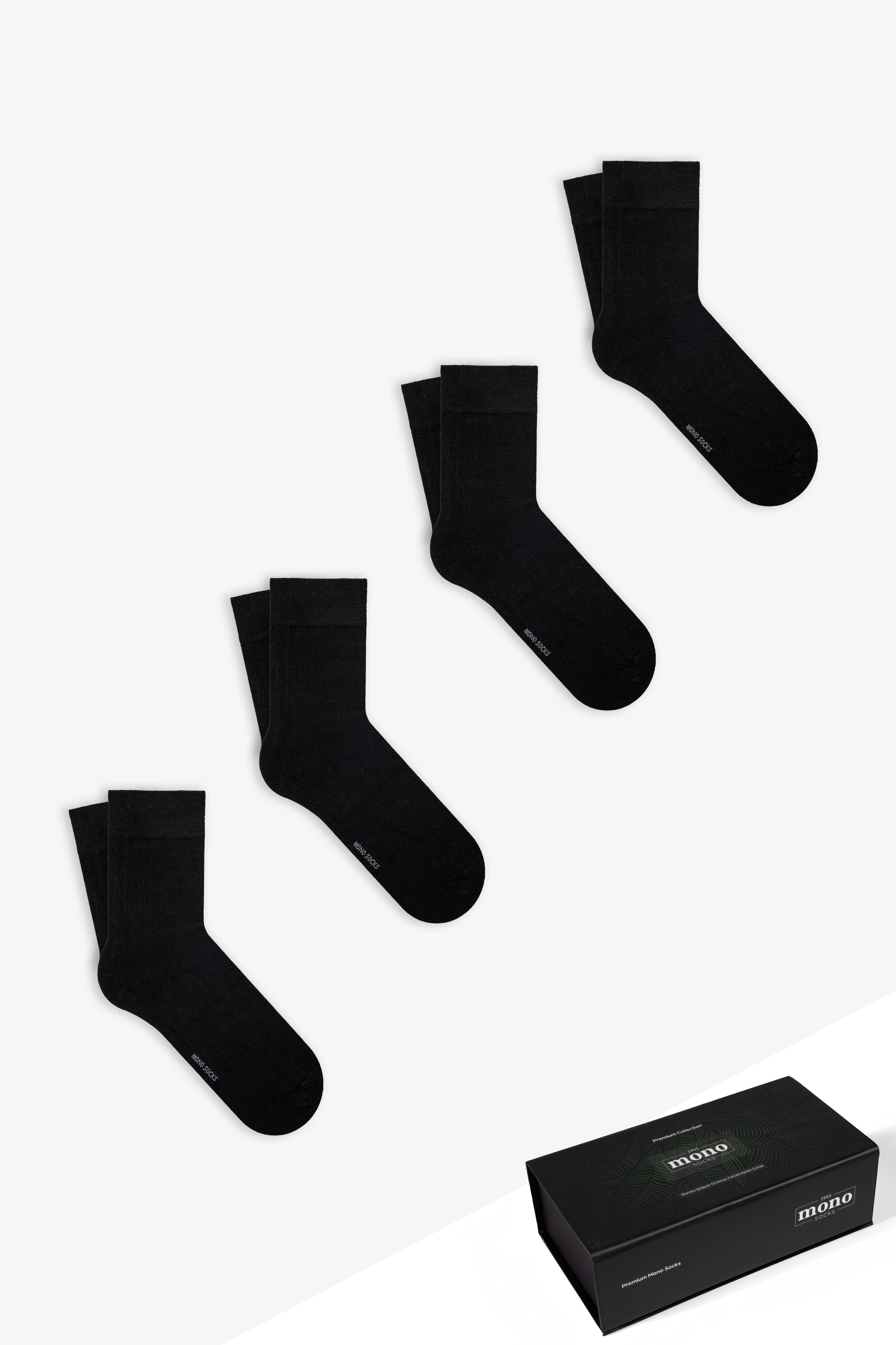 Mono Socks - 4lü Premium Kutulu Dikişsiz Düz Bamboo Siyah Soket Çorap - Desenli Pamuklu Çoraplar - Mono Socks - Özel Tasarım Çoraplar