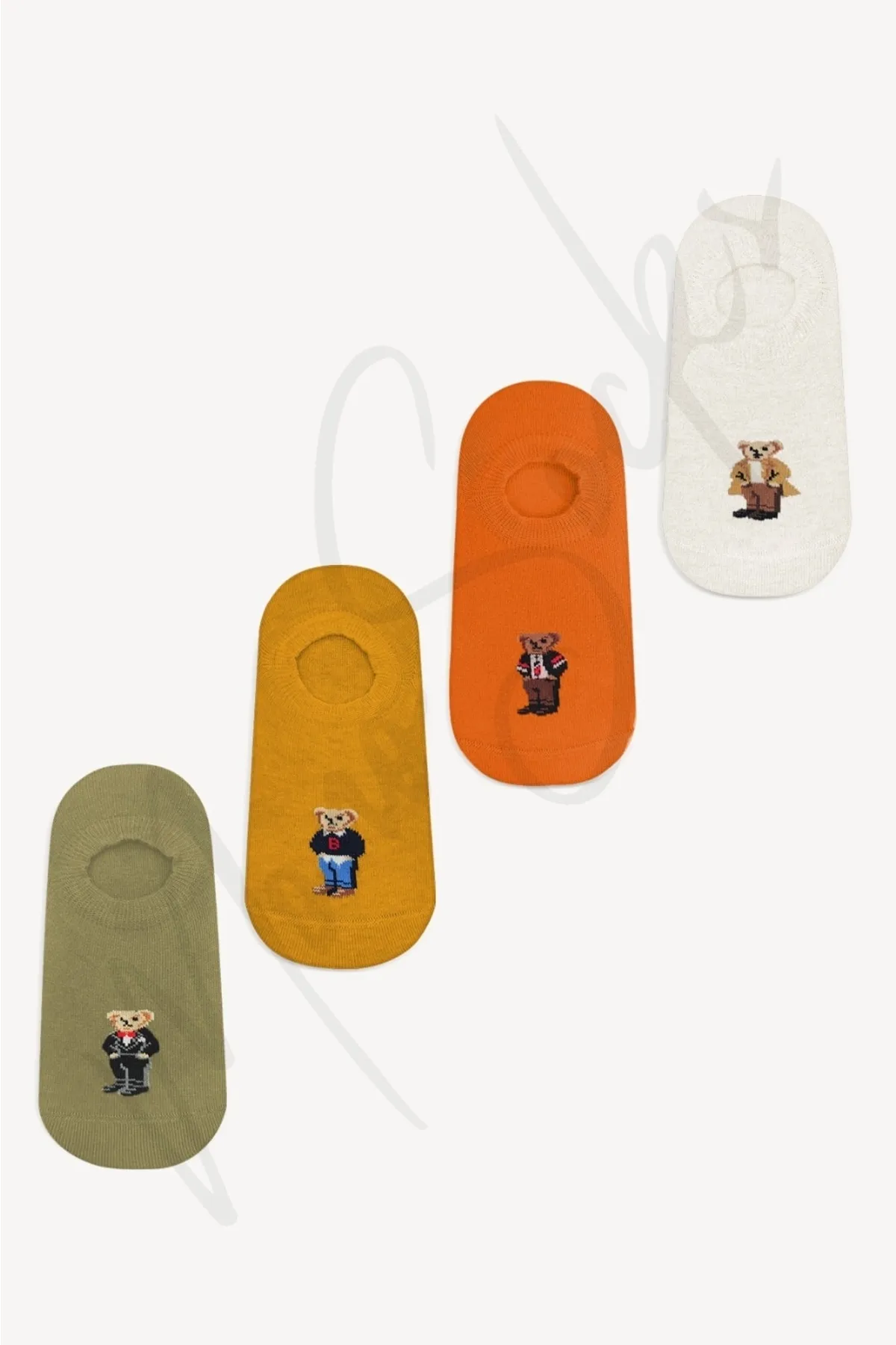 Mono Socks - 4'lü Teddy Bear Görünmez Dikişsiz Sneaker Pamuklu Çorap - Desenli Pamuklu Çoraplar - Mono Socks - Özel Tasarım Çoraplar