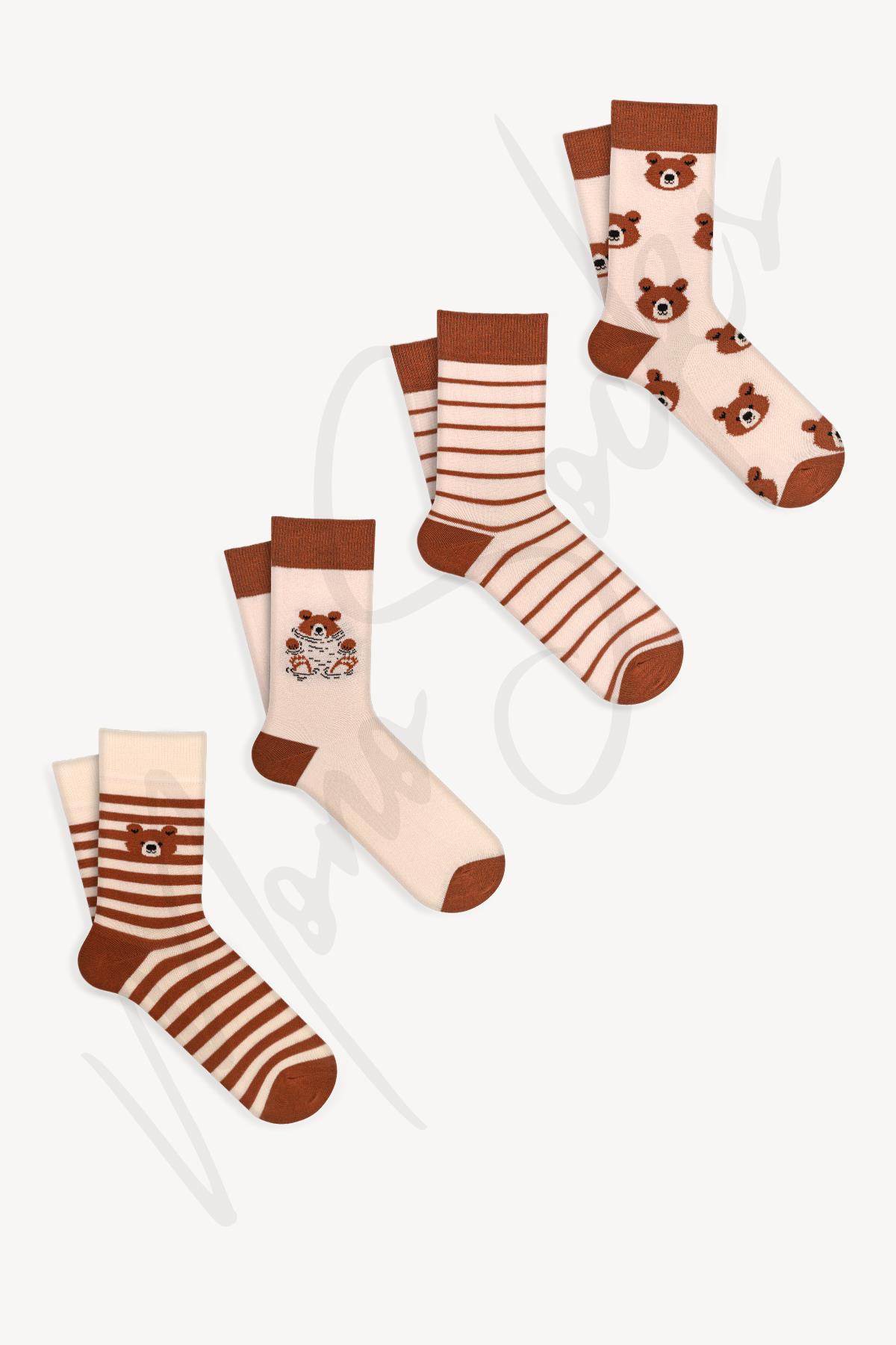 Mono Socks 4'lü Teddy Bear Koca Ayıcıklı Çorap - Desenli Pamuklu Çoraplar - Mono Socks - Özel Tasarım Çoraplar