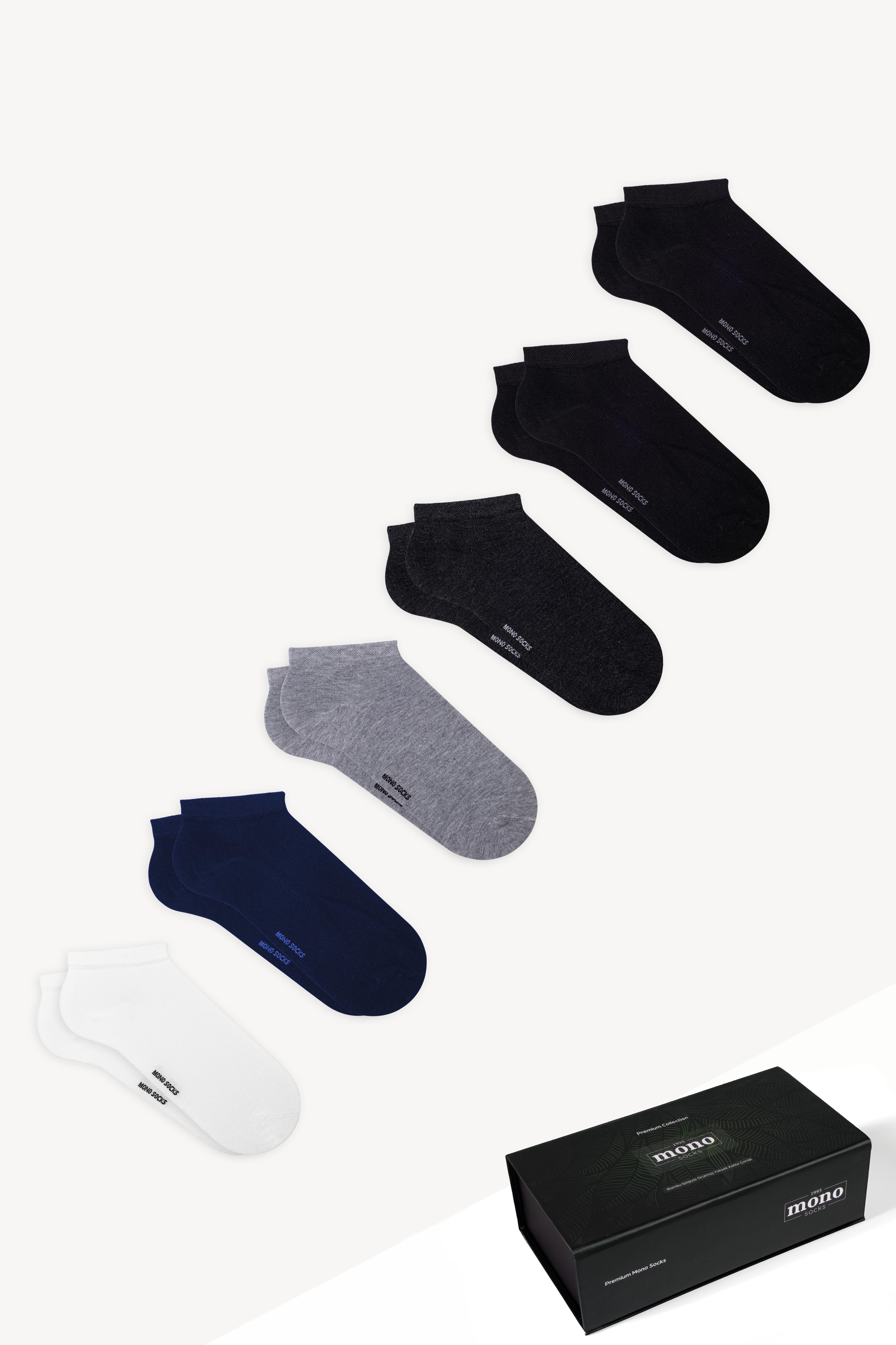Mono Socks - 6'lı Premium Kutulu Dikişsiz Düz Bamboo Patik Çorap Mix - Desenli Pamuklu Çoraplar - Mono Socks - Özel Tasarım Çoraplar