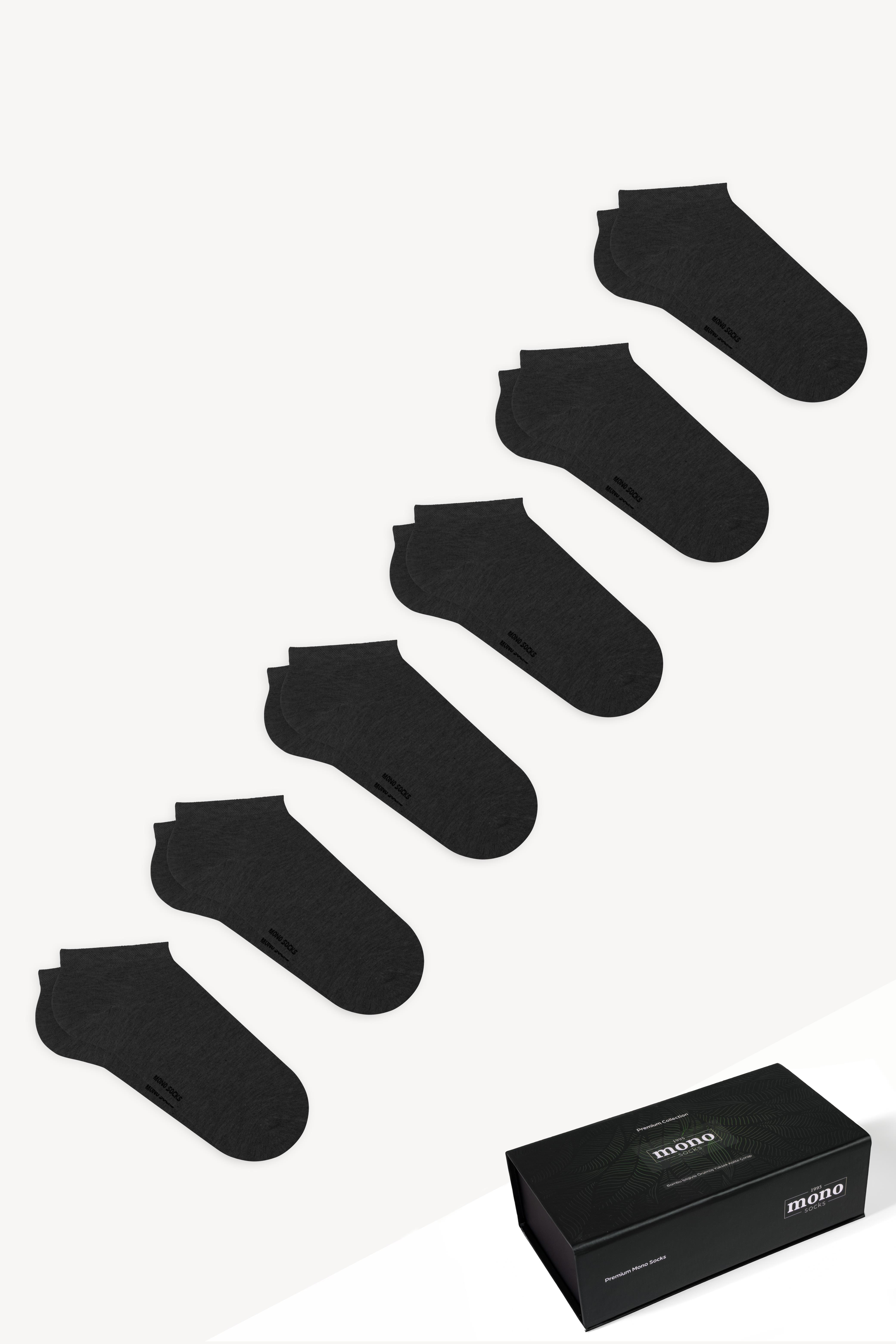 Mono Socks - 6'lı Premium Kutulu Dikişsiz Düz Bamboo Patik Çorap Antrasit - Desenli Pamuklu Çoraplar - Mono Socks - Özel Tasarım Çoraplar