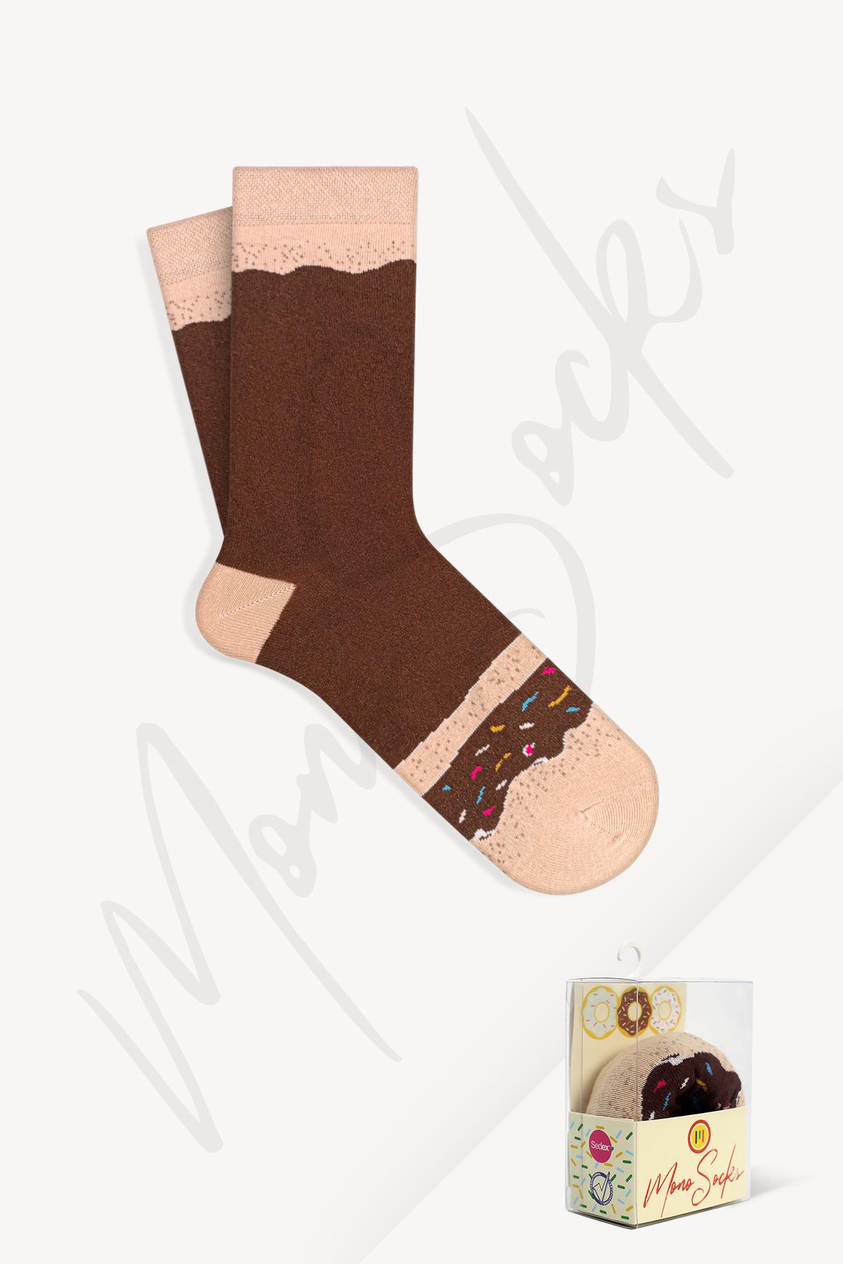 Mono Socks - Brown Sprinkles Tekli Pamuklu Donut Çorap - Desenli Pamuklu Çoraplar - Mono Socks - Özel Tasarım Çoraplar