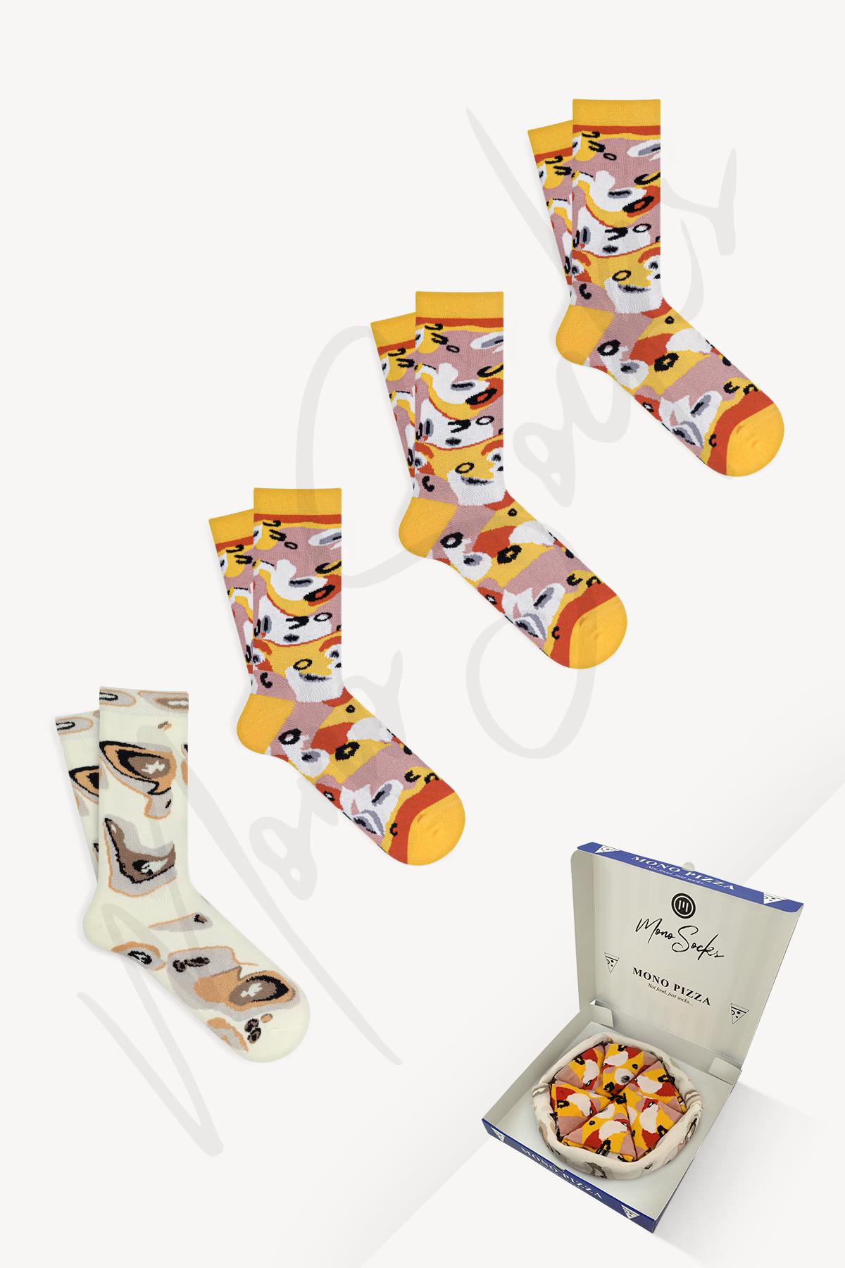 Mono Socks - Capricciosa Pizza 4'lü Pamuklu Çorap - Desenli Pamuklu Çoraplar - Mono Socks - Özel Tasarım Çoraplar