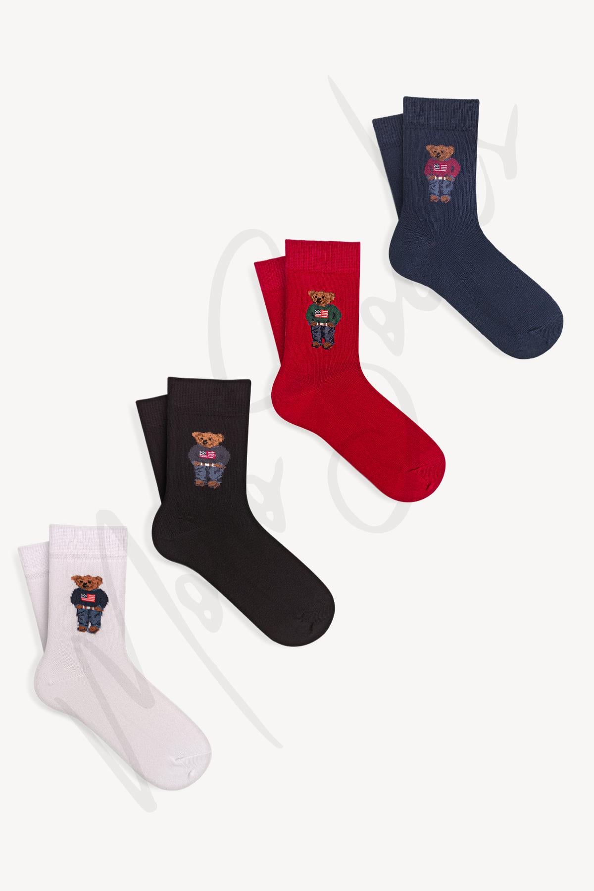 Mono Socks - Çocuk 4'lü Teddy Bear Pamuklu Çorap - Desenli Pamuklu Çoraplar - Mono Socks - Özel Tasarım Çoraplar