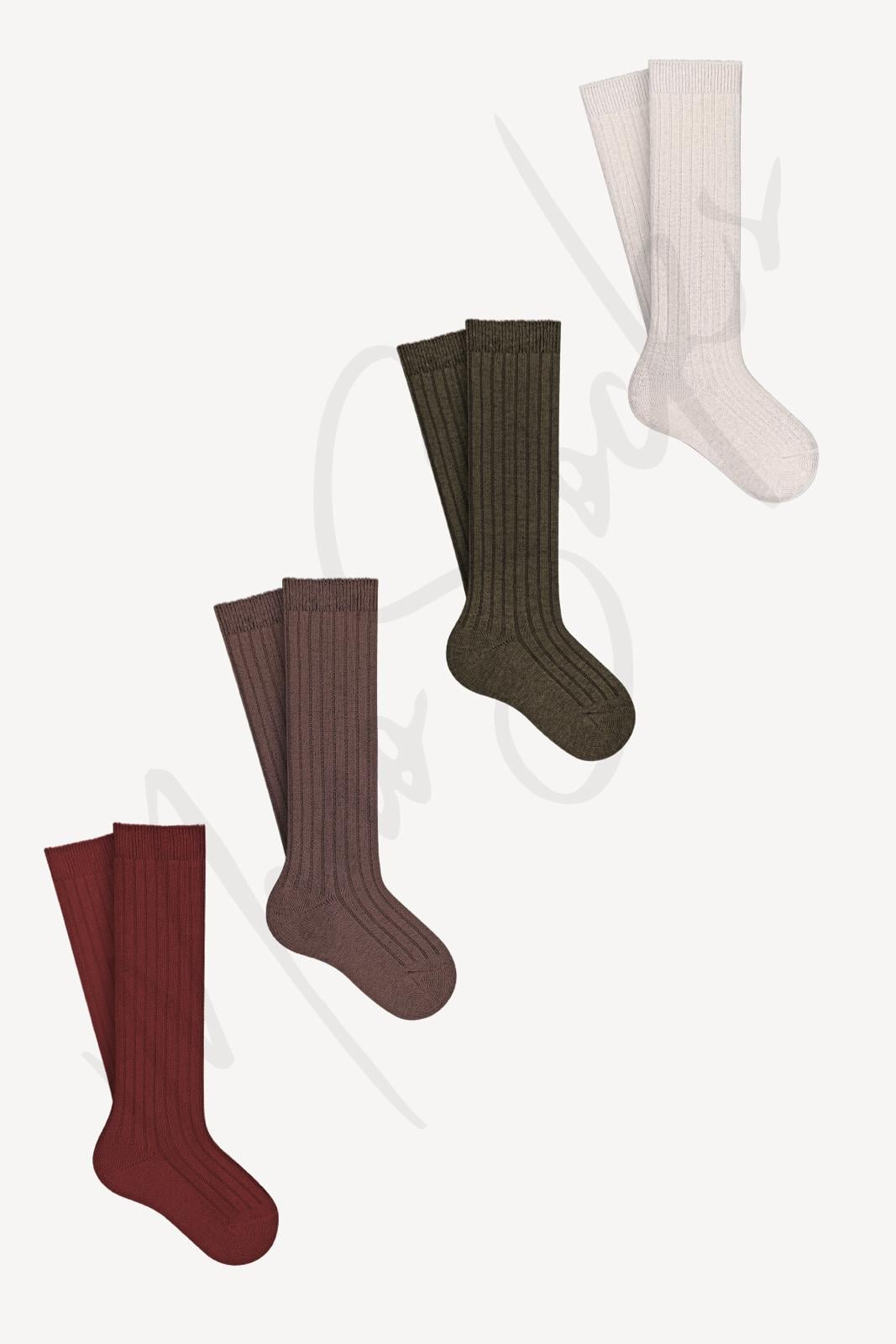 Mono Socks - Çocuk Kabartmalı Diz Altı 4'lü Çorap Kahve Rengi - Desenli Pamuklu Çoraplar - Mono Socks - Özel Tasarım Çoraplar