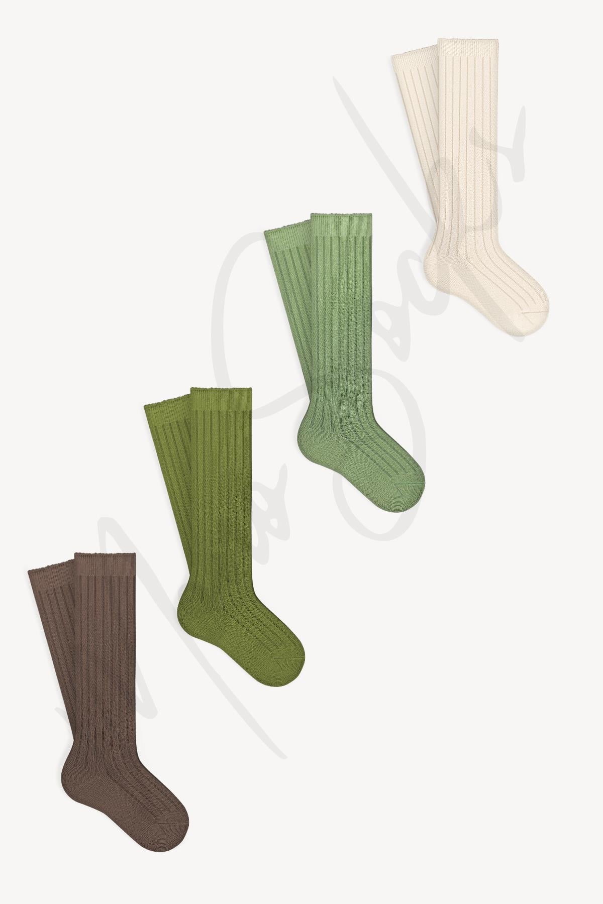 Mono Socks - Çocuk Kabartmalı Diz Altı 4'lü Çorap Yeşil - Desenli Pamuklu Çoraplar - Mono Socks - Özel Tasarım Çoraplar