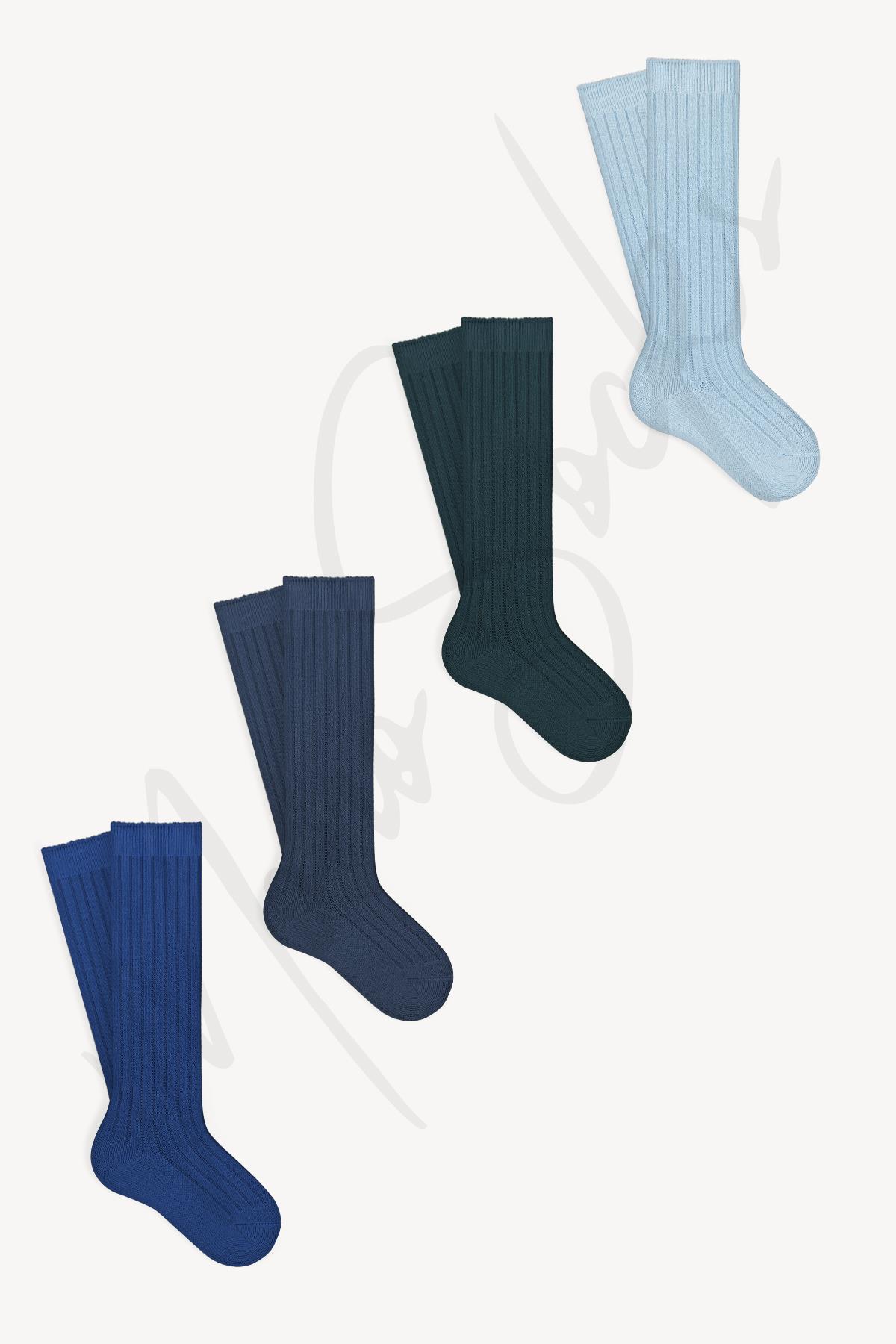 Mono Socks - Çocuk Kabartmalı Diz Altı 4'lü Çorap Mavi - Desenli Pamuklu Çoraplar - Mono Socks - Özel Tasarım Çoraplar