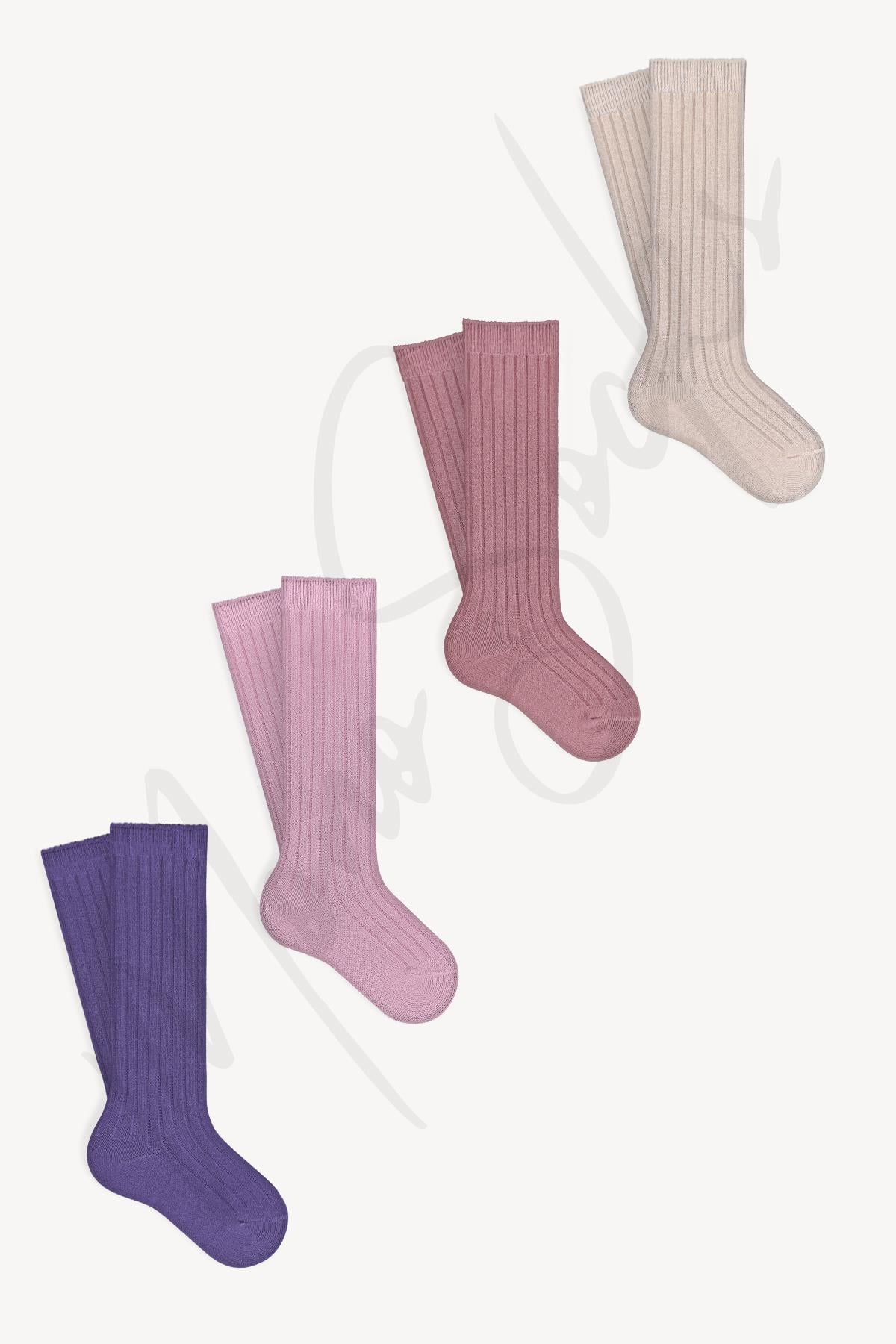 Mono Socks - Çocuk Kabartmalı Diz Altı 4'lü Çorap Pembe - Desenli Pamuklu Çoraplar - Mono Socks - Özel Tasarım Çoraplar