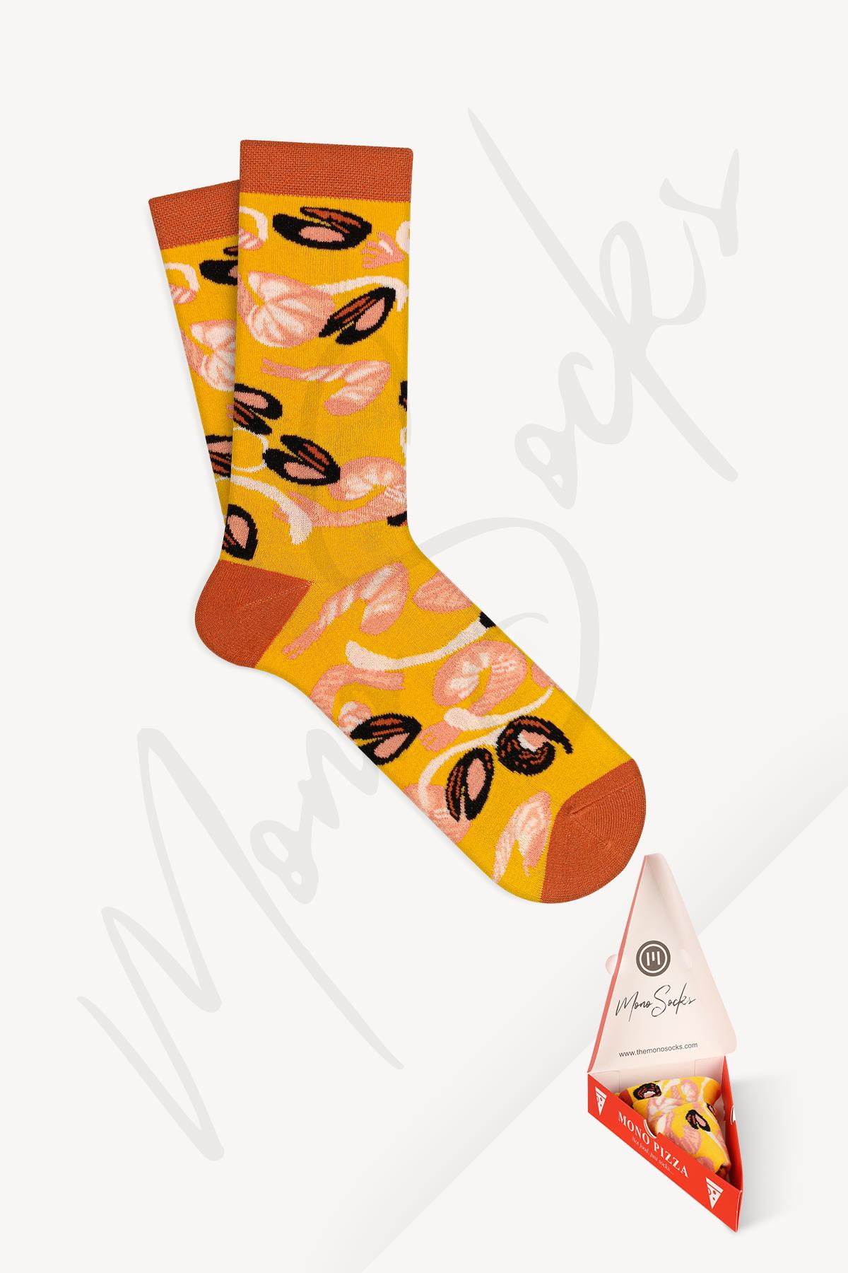Mono Socks - Frutti Di Mare Pizza Tekli Pamuklu Çorap - Desenli Pamuklu Çoraplar - Mono Socks - Özel Tasarım Çoraplar