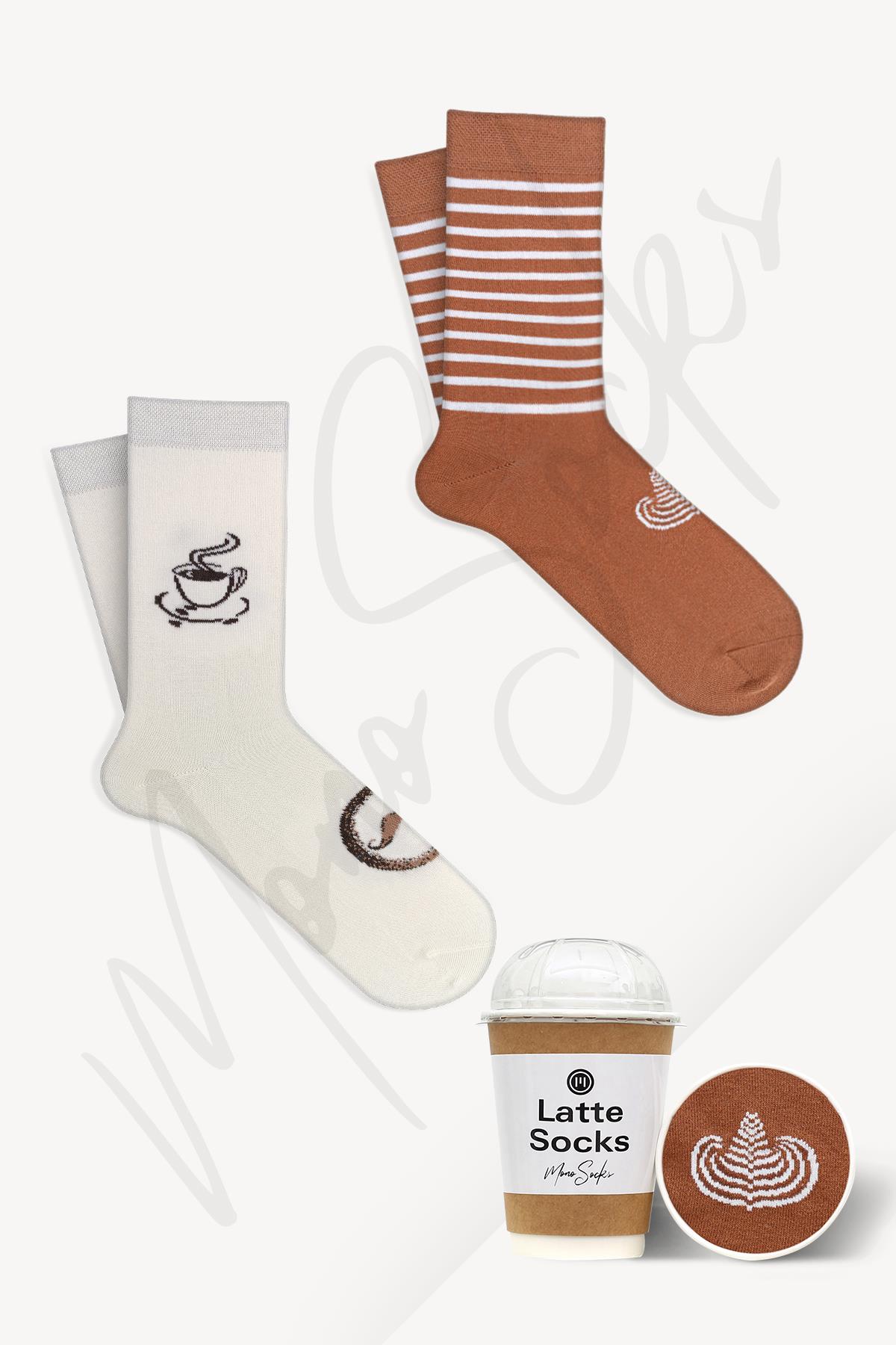 Mono Socks - Leaf White Latte 2'li Pamuklu Çorap - Desenli Pamuklu Çoraplar - Mono Socks - Özel Tasarım Çoraplar