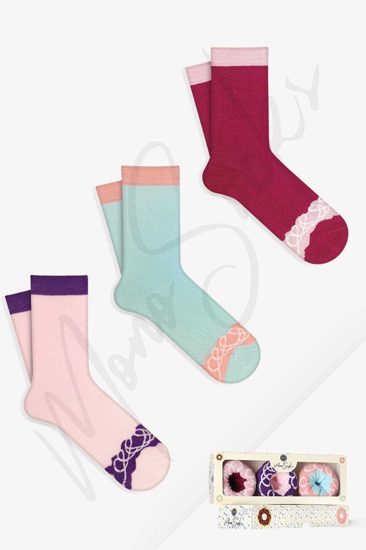 Mono Socks - Nuty Chocolate Series 3'lü Pamuklu Donut Çorap - Desenli Pamuklu Çoraplar - Mono Socks - Özel Tasarım Çoraplar