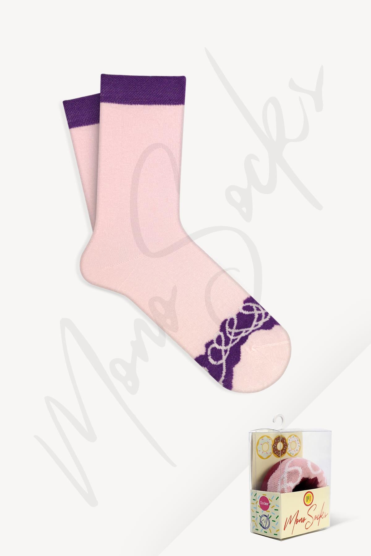 Mono Socks - Nuty Purple Chocolate Tekli Pamuklu Donut Çorap - Desenli Pamuklu Çoraplar - Mono Socks - Özel Tasarım Çoraplar