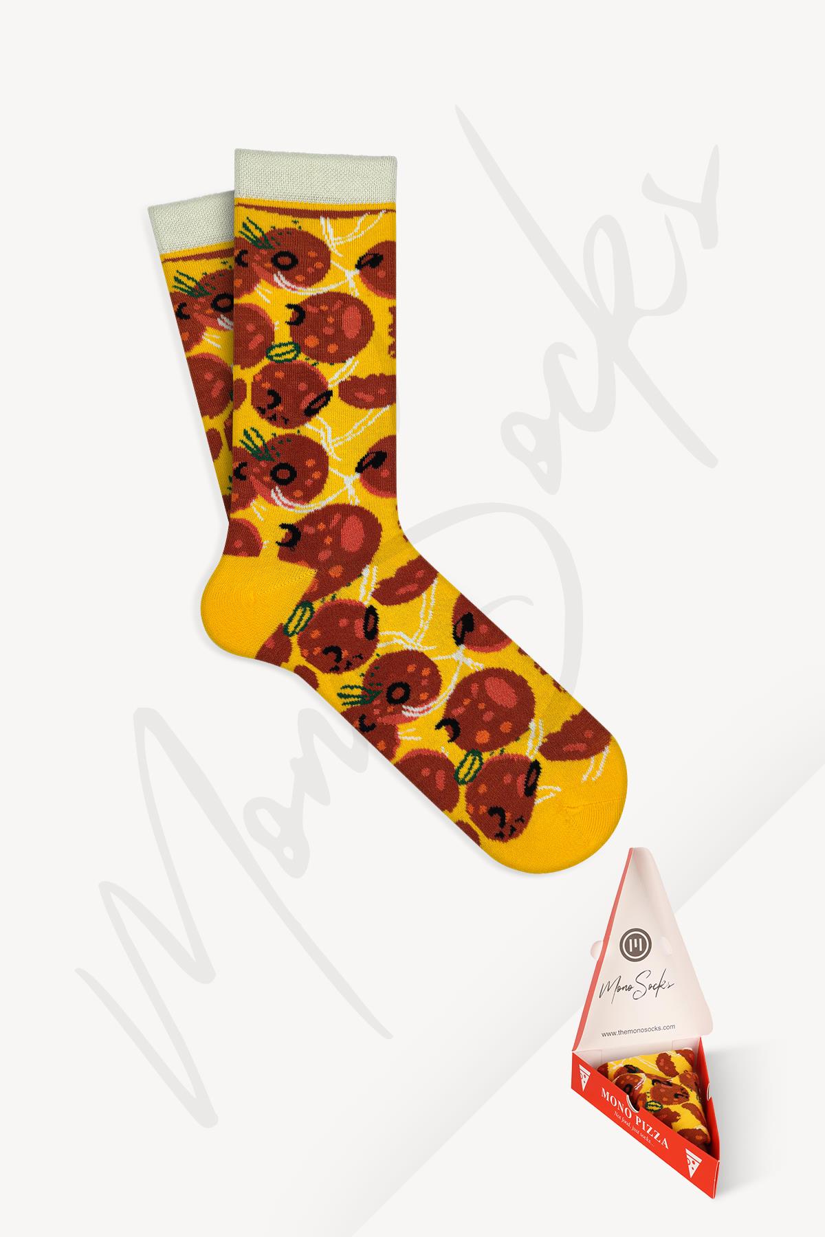 Mono Socks - Pepperoni Pizza Tekli Pamuklu Çorap - Desenli Pamuklu Çoraplar - Mono Socks - Özel Tasarım Çoraplar