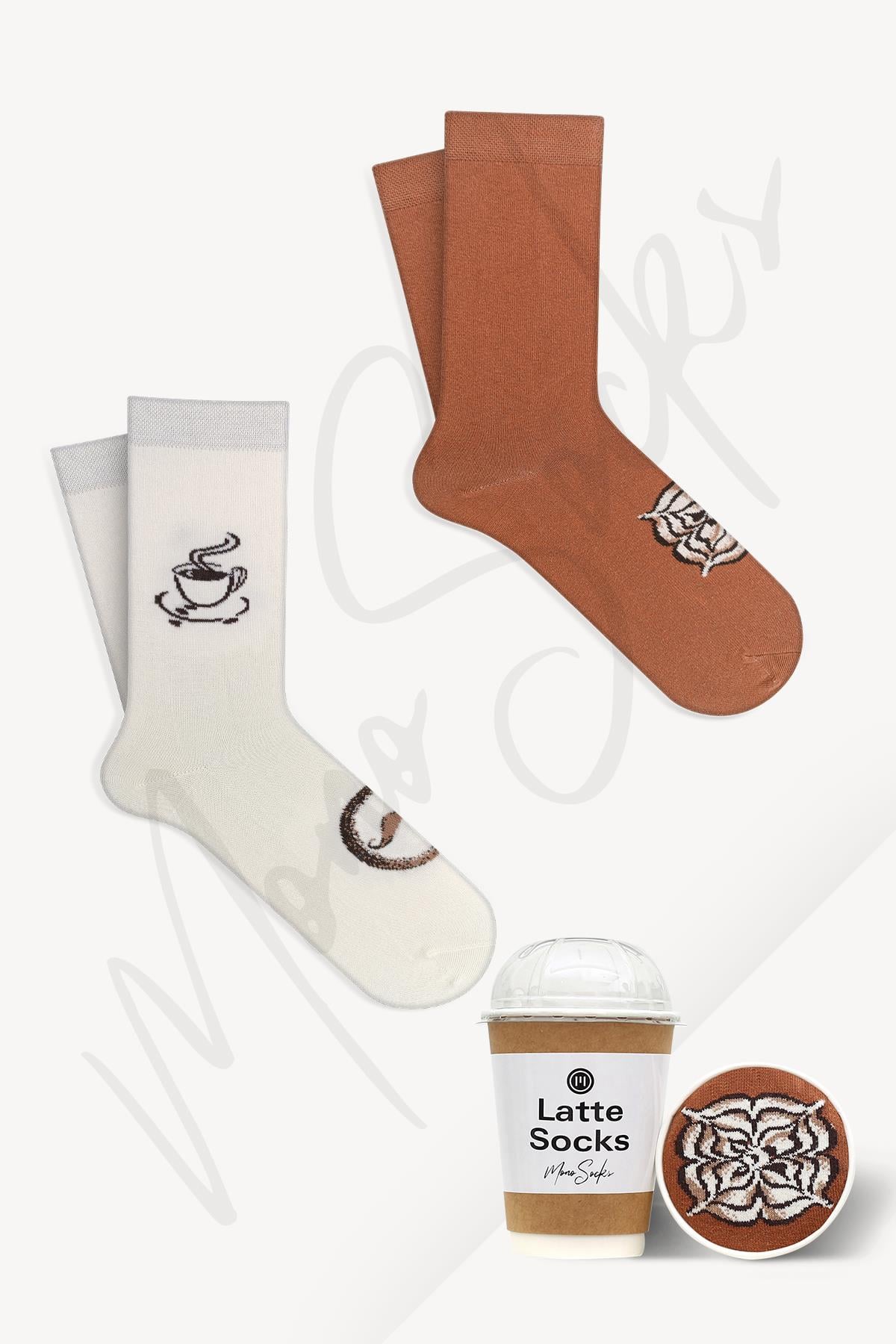 Mono Socks - Rose White Latte 2'li Pamuklu Çorap - Desenli Pamuklu Çoraplar - Mono Socks - Özel Tasarım Çoraplar