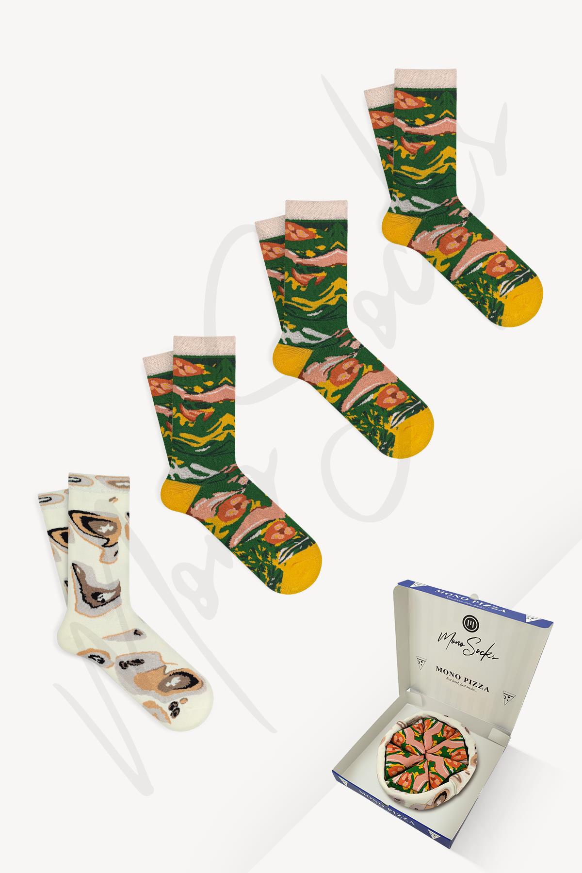 Mono Socks - Salad Pizza 4'lü Pamuklu Çorap - Desenli Pamuklu Çoraplar - Mono Socks - Özel Tasarım Çoraplar