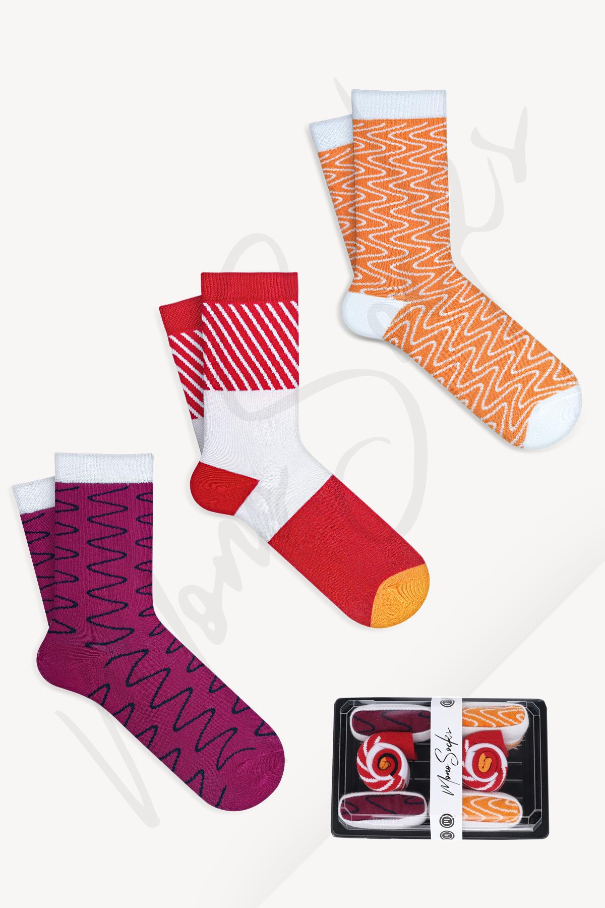 Mono Socks - Tuna Maki Set C Sushi 3'lü Pamuklu Çorap - Desenli Pamuklu Çoraplar - Mono Socks - Özel Tasarım Çoraplar