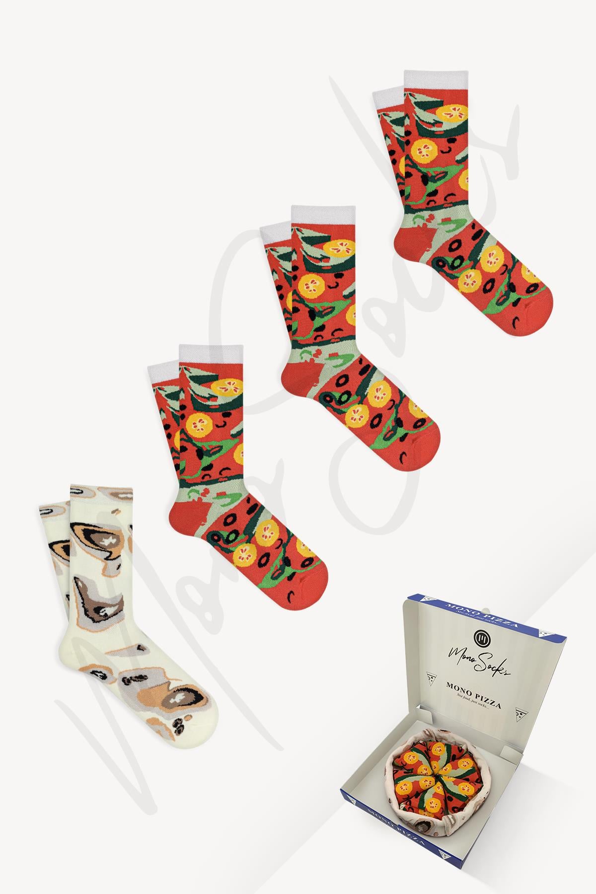 Mono Socks - Vege Pizza 4'lü Pamuklu Çorap - Desenli Pamuklu Çoraplar - Mono Socks - Özel Tasarım Çoraplar