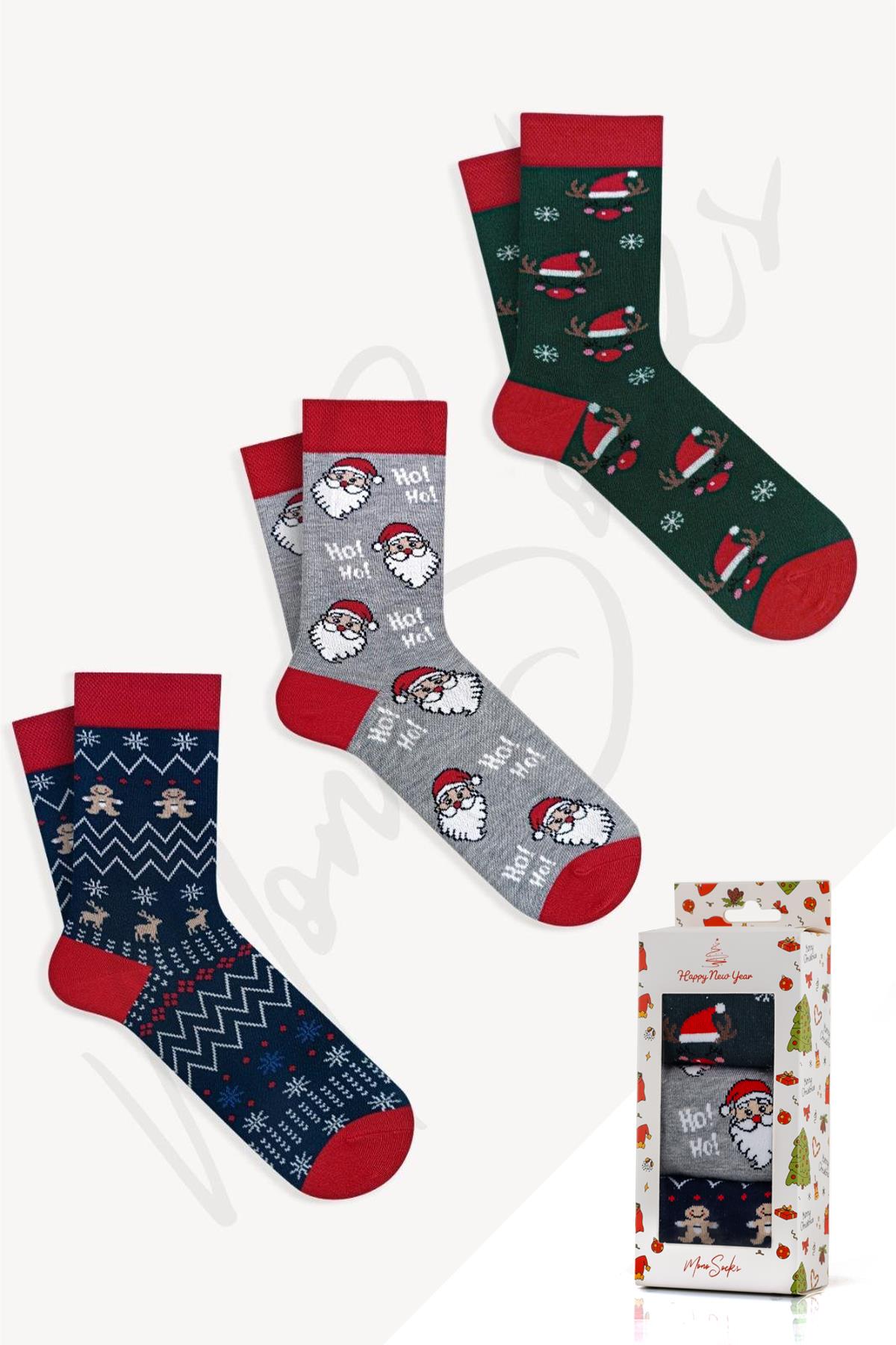 Noel Dede Hoho Desenli 3'lü Yılbaşı Hediyelik Çorap - Desenli Pamuklu Çoraplar - Mono Socks - Özel Tasarım Çoraplar
