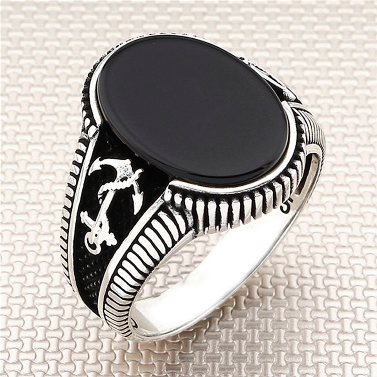 Denizci Çapa Oval Taşlı Toptan Gümüş Erkek Yüzük