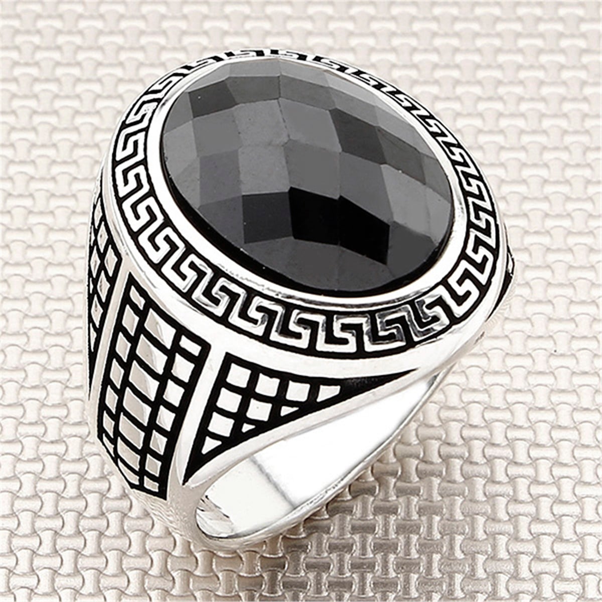 Grek Desenli Oval Taşlı Toptan Gümüş Erkek Yüzük
