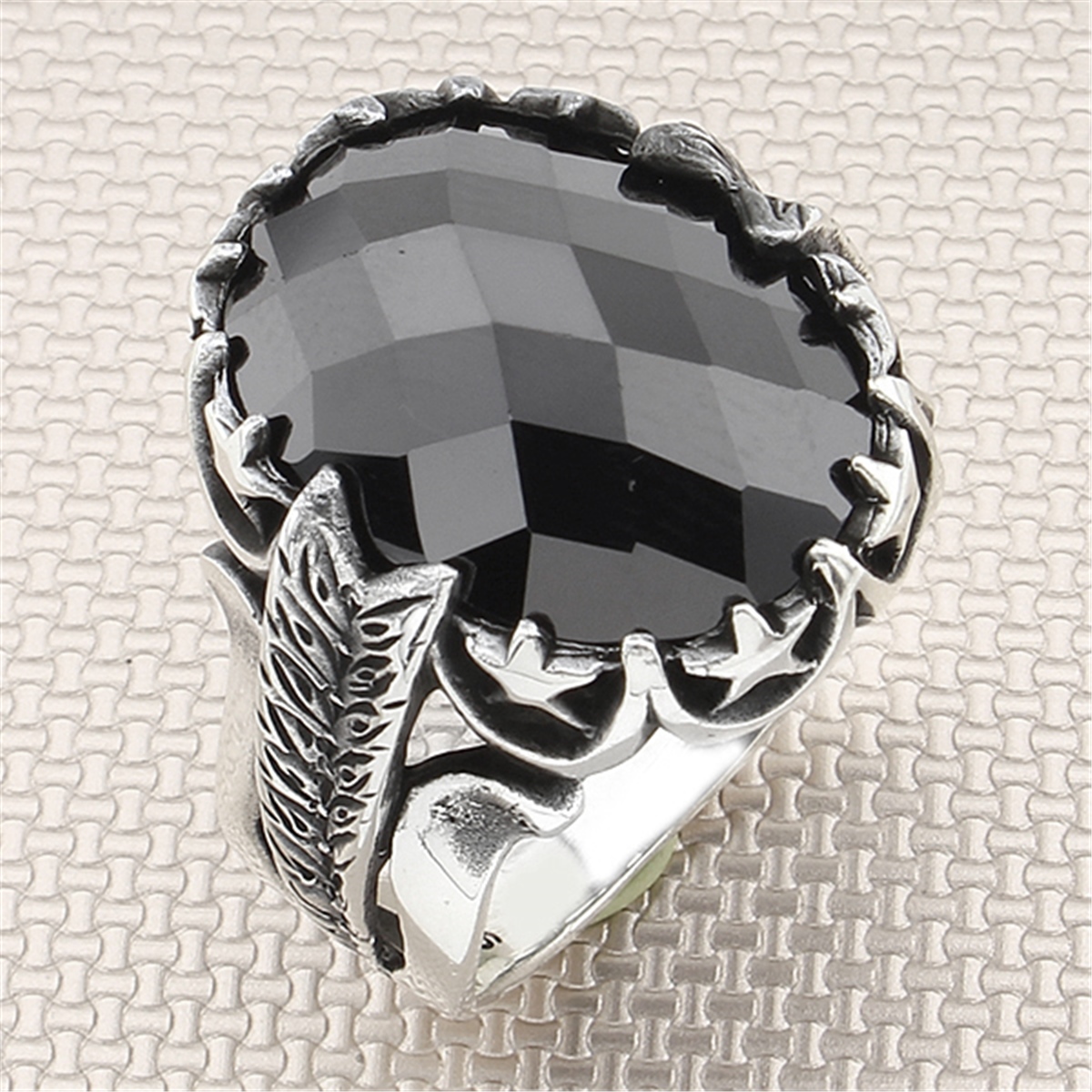 Ay Yıldız Motifli Oval Taşlı Toptan Gümüş Erkek Yüzük