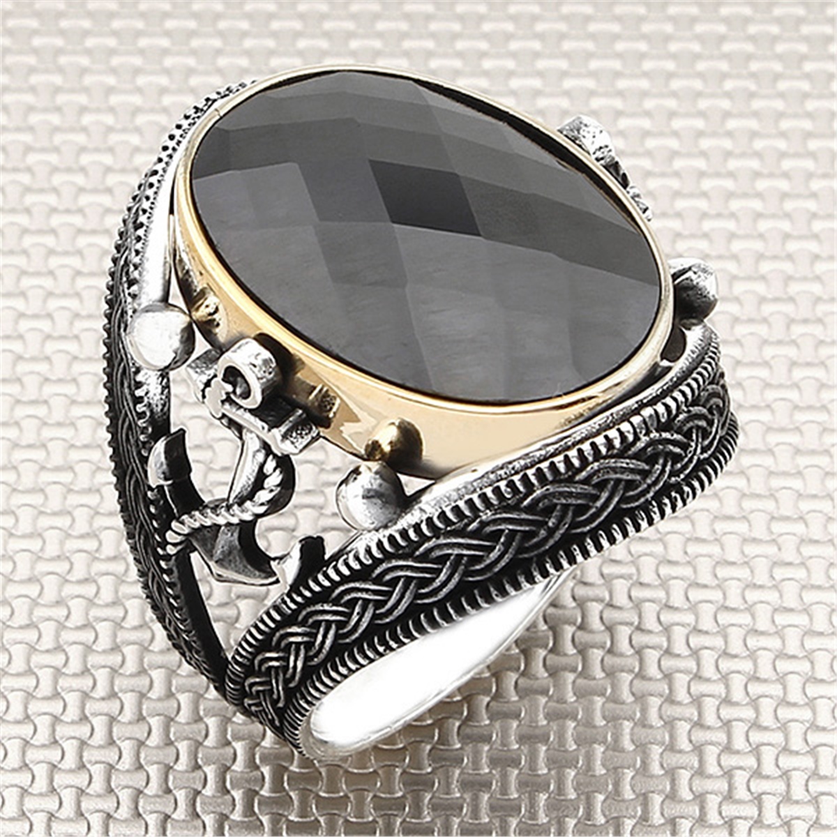 Denizçi Çapa Bronz Çerçeve Oval Taşlı Toptan Gümüş Erkek Yüzük