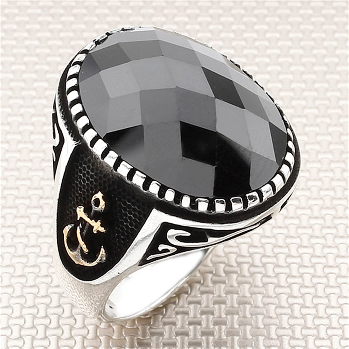 Denizçi Çapa Figürlü Oval Taşlı Toptan Gümüş Erkek Yüzük