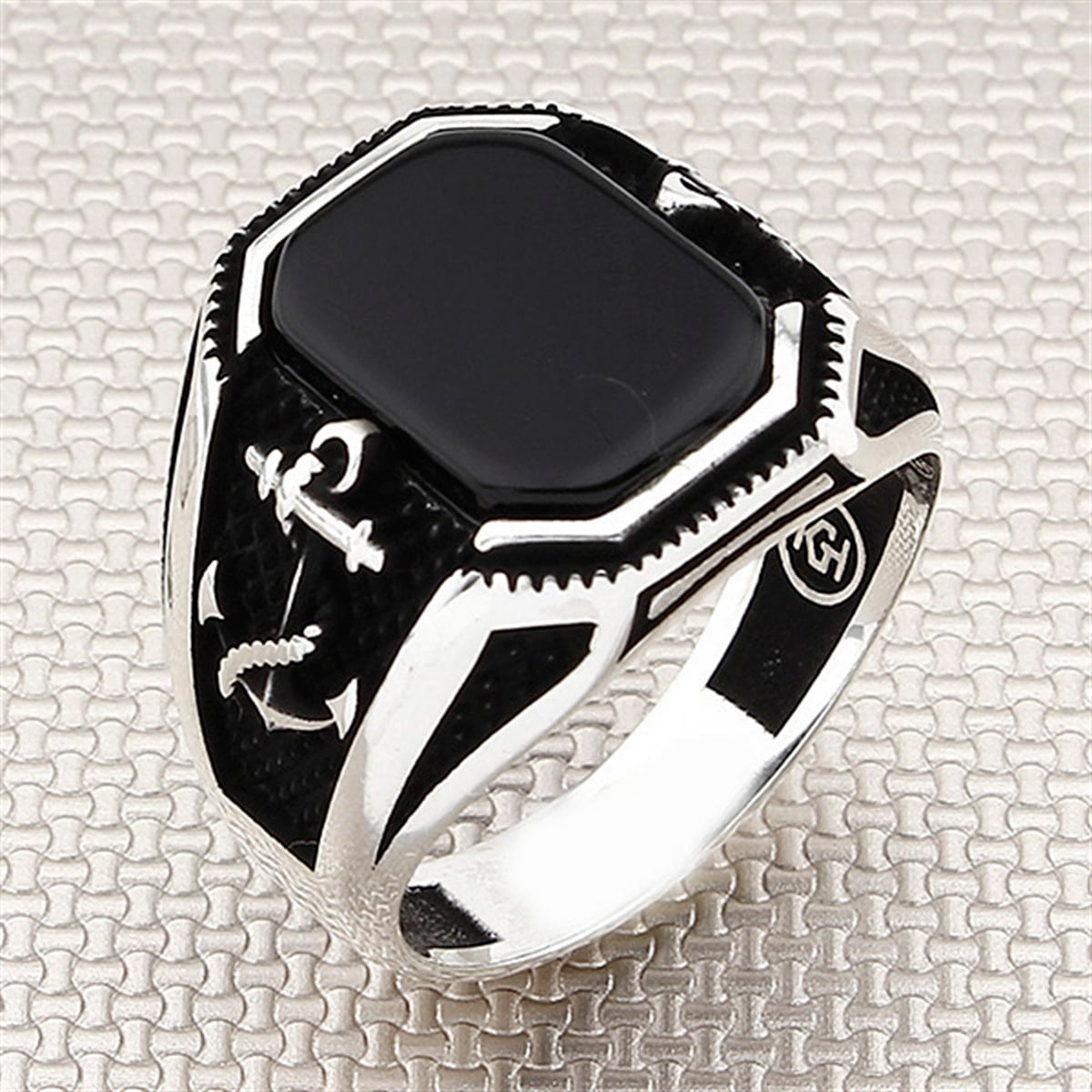 Denizci Çapa Kare Taşlı Toptan Gümüş Erkek Yüzük