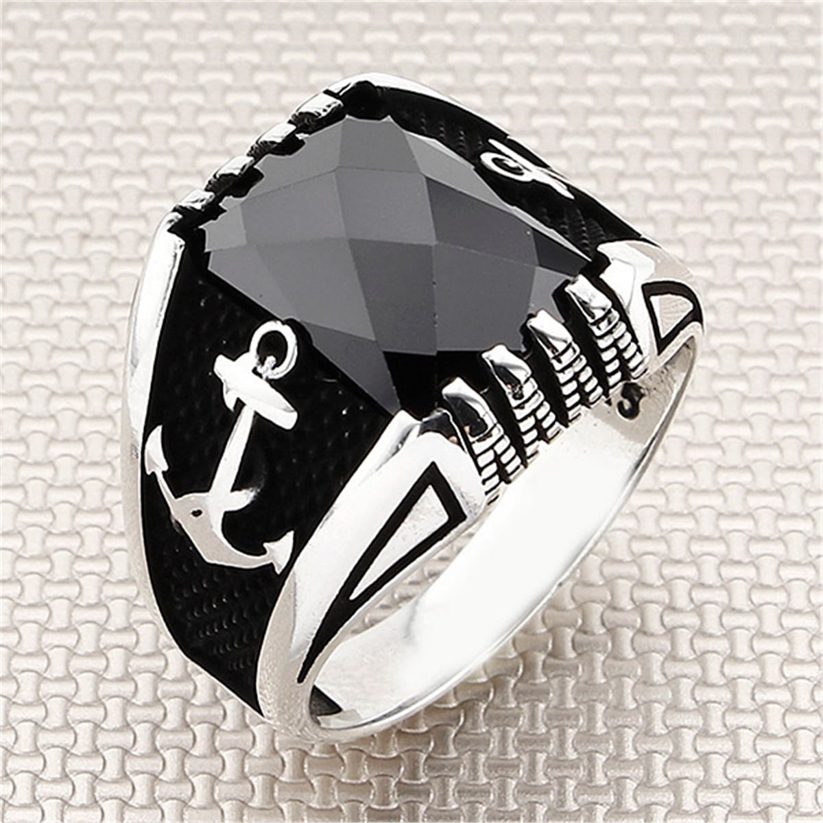Denizçi Çapa Kare Taşlı Toptan Gümüş Erkek Yüzük