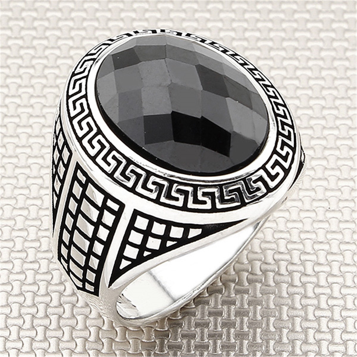 Grek Desenli Oval Taşlı Toptan Gümüş Erkek Yüzük