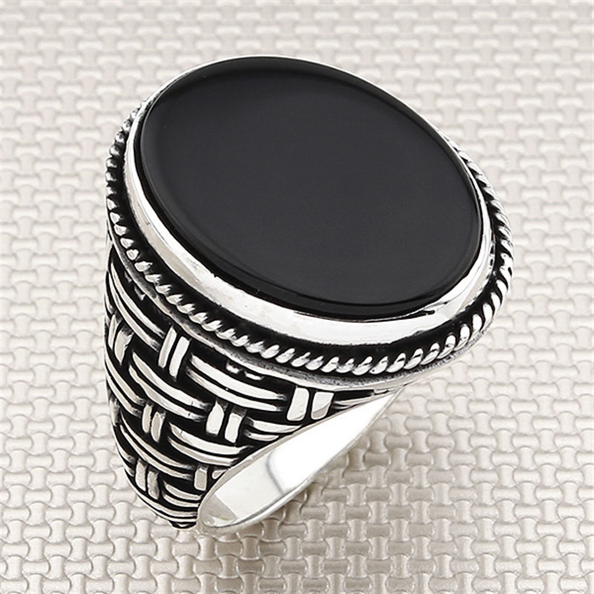 Örgü Desenli Oval Taşlı Toptan Gümüş Erkek Yüzük