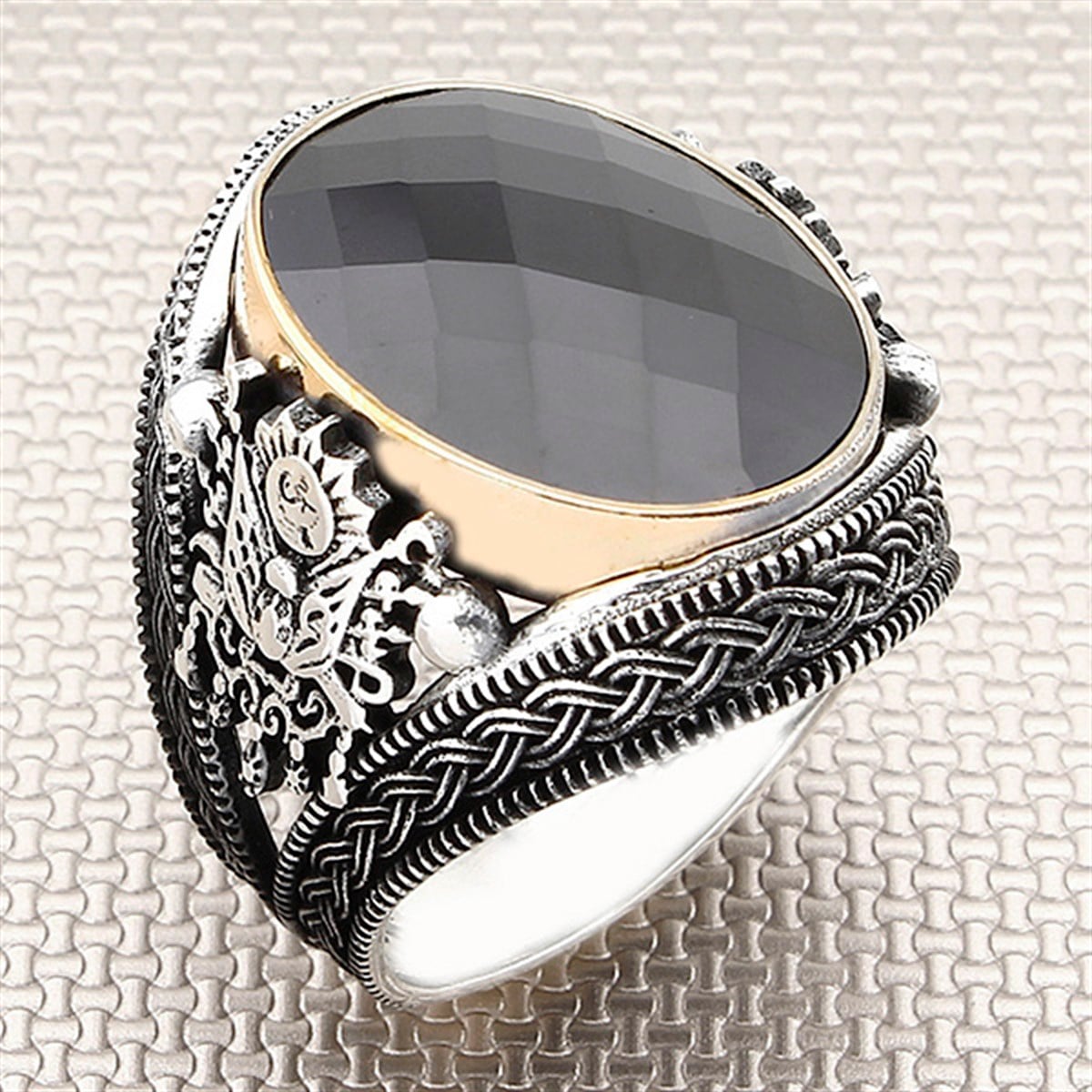 Osmanlı Armalı Bronz Çerçeve Oval Taşlı Toptan Gümüş Erkek Yüzük
