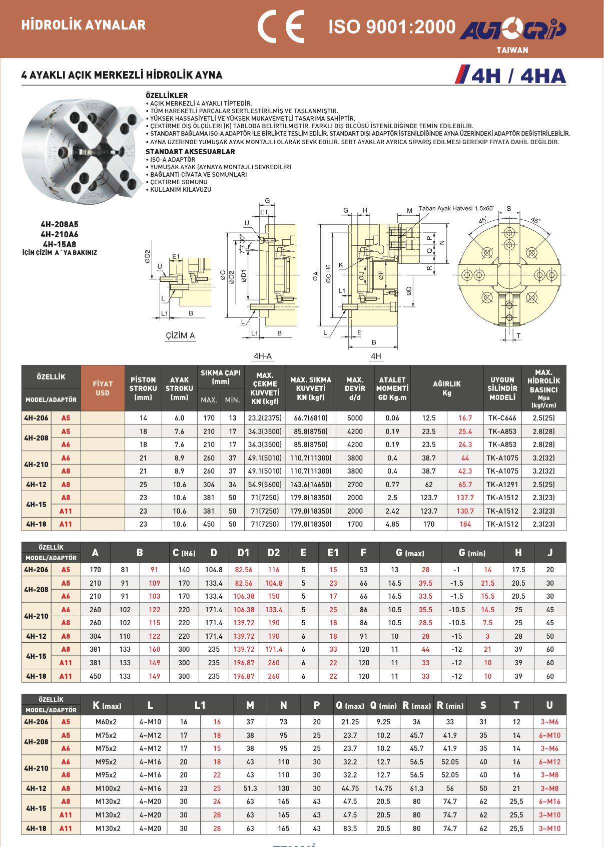 10 İnch 4 ayaklı hidrolik CNC torna aynası