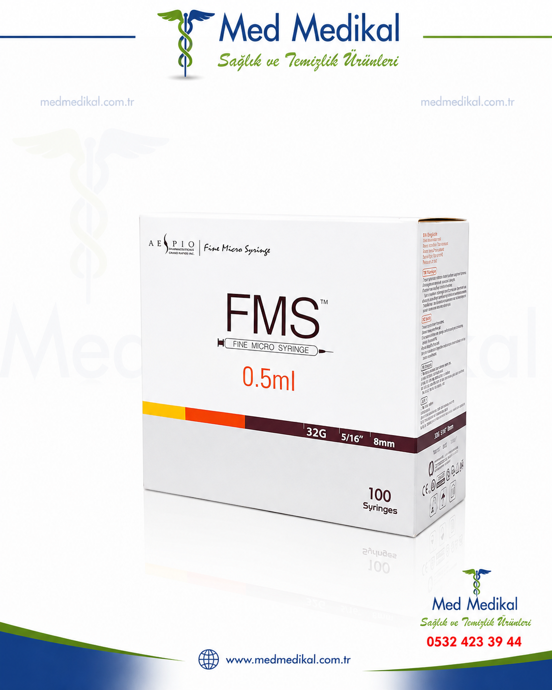 FMS Micro Fine Enjektörü 0.5 ml Enjektör Şırınga (32g x 8mm) - 100 Adet FMS0510