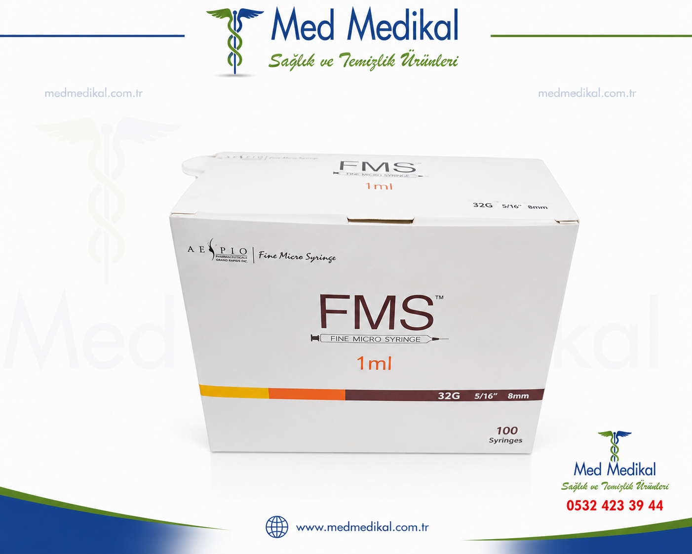 FMS Micro Fine Enjektörü 1 ml Enjektör Şırınga (32g x 8mm) - 100 Adet