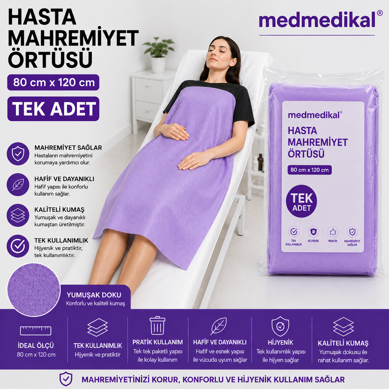 HASTA MAHREMİYET ÖRTÜSÜ LİLA RENK  80cm X 120cm 50 li TEK TEK PAKETLİ