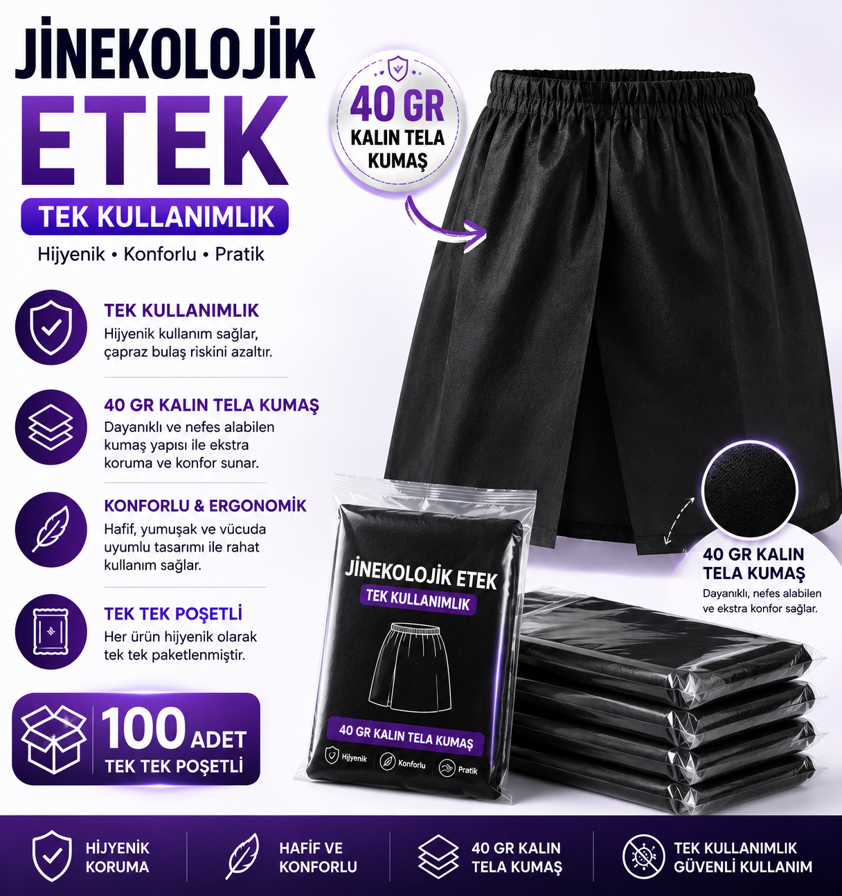 JİNEKOLOJİK ETEK (100 ADET) TEK KULLANIMLIK (tek tek poşetli 40gr kalın kumaş )