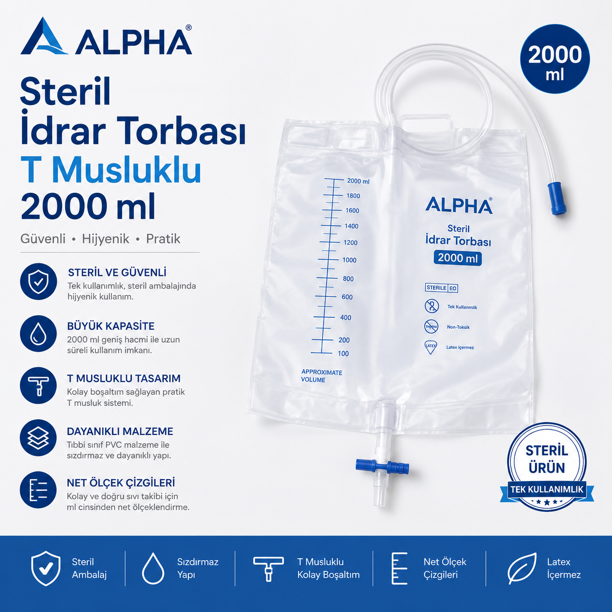 ALPHA Steril İdrar Torbası T Musluklu 2000 ml  1 adet