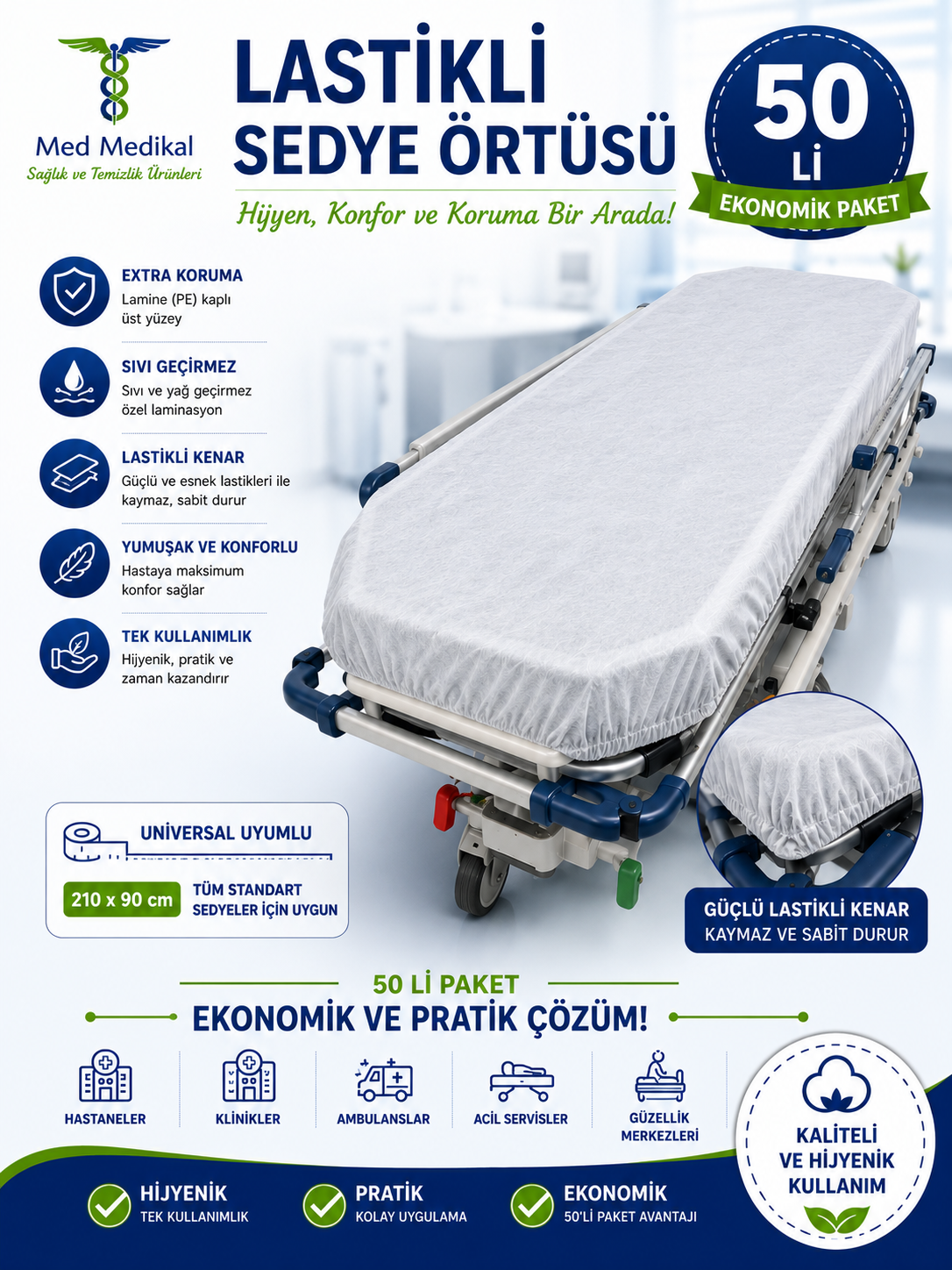 LASTİKLİ SEDYE ÖRTÜSÜ 50 Lİ
