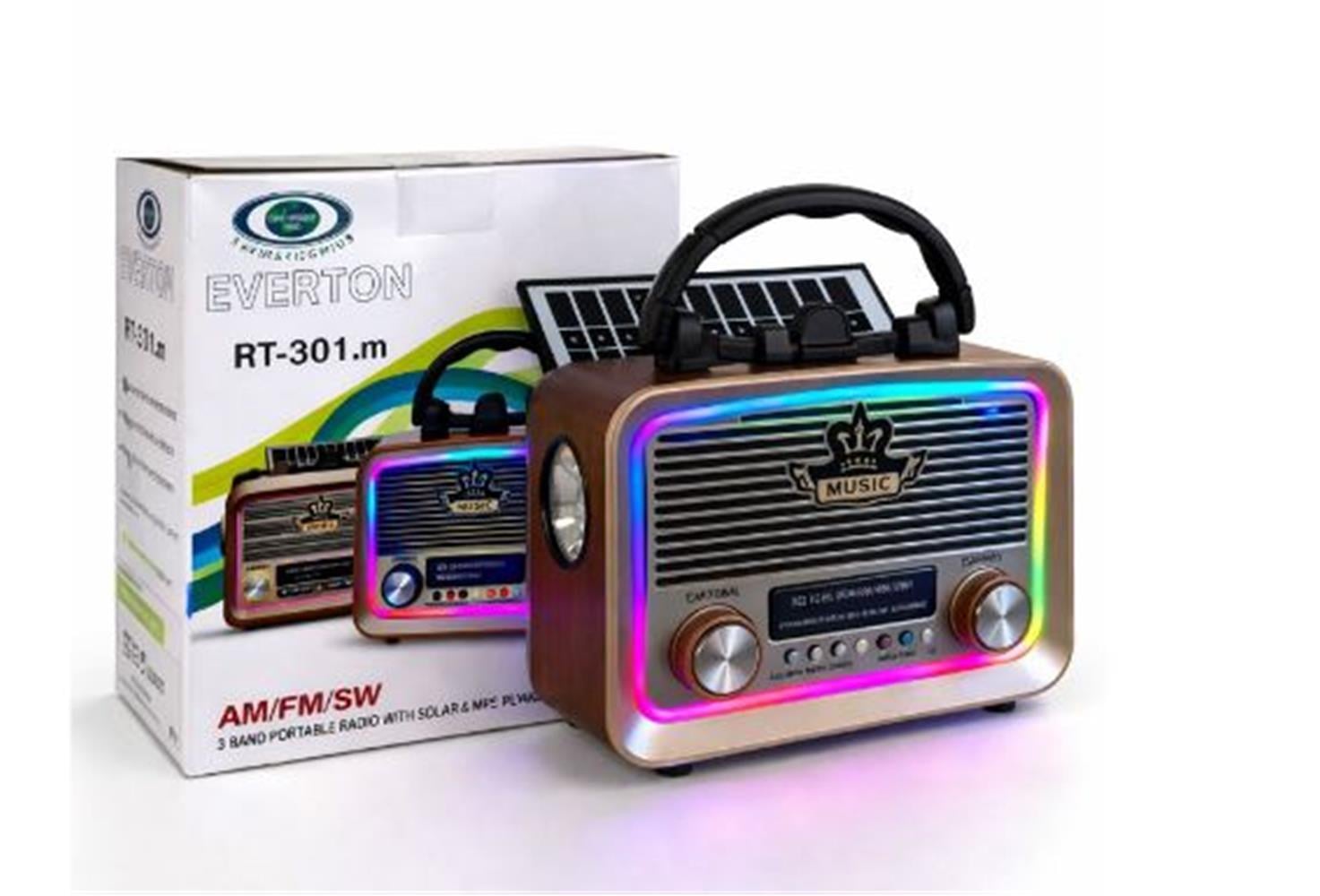 Everton RT-301.m  Bluetooth-USB-SD-FM Şarjlı,Solarlı,Ledli, Nostaljik Radyo El Fenerl Radyo